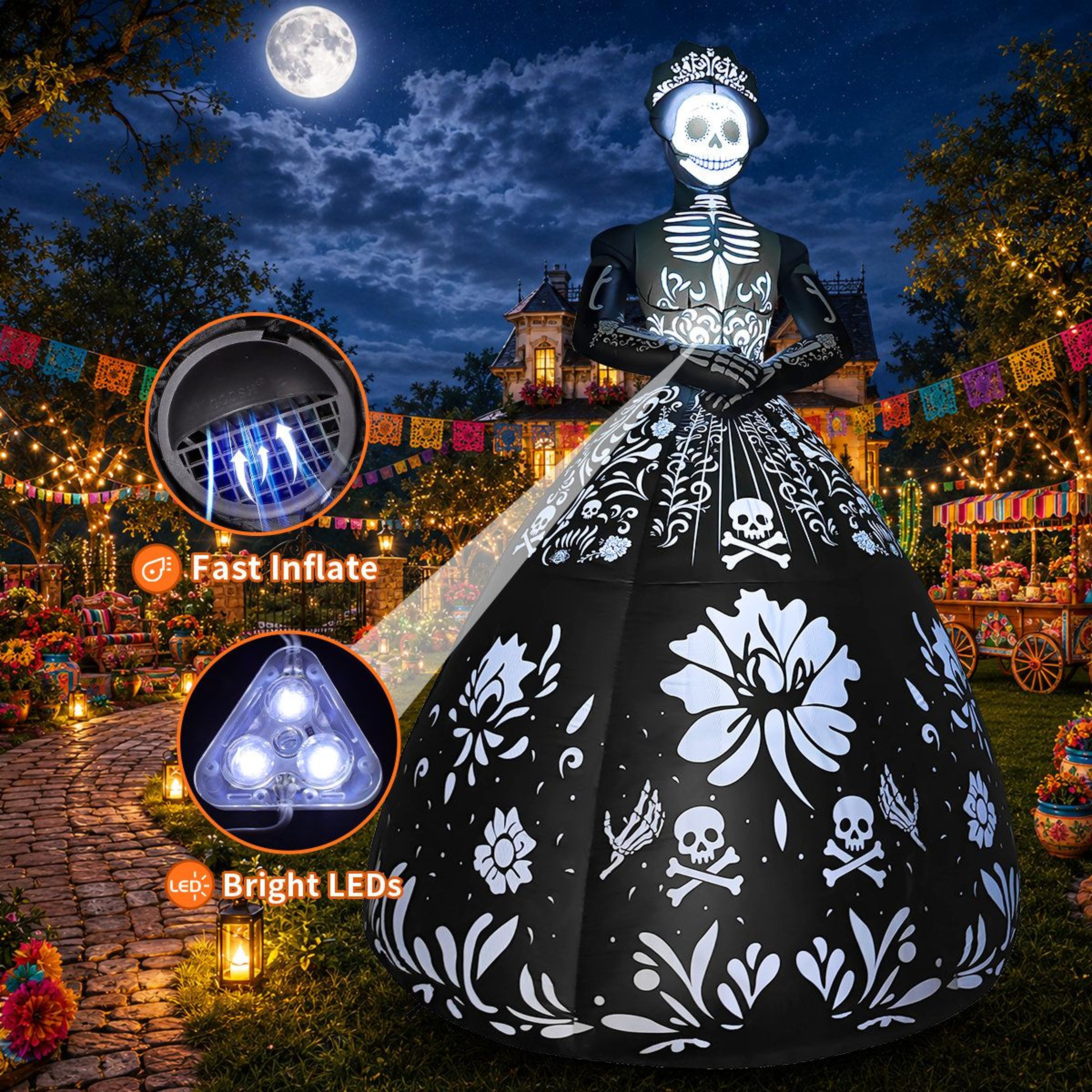 94 FT Halloween Inflatable Ghost Bride With LED Lights And Black Dress 2