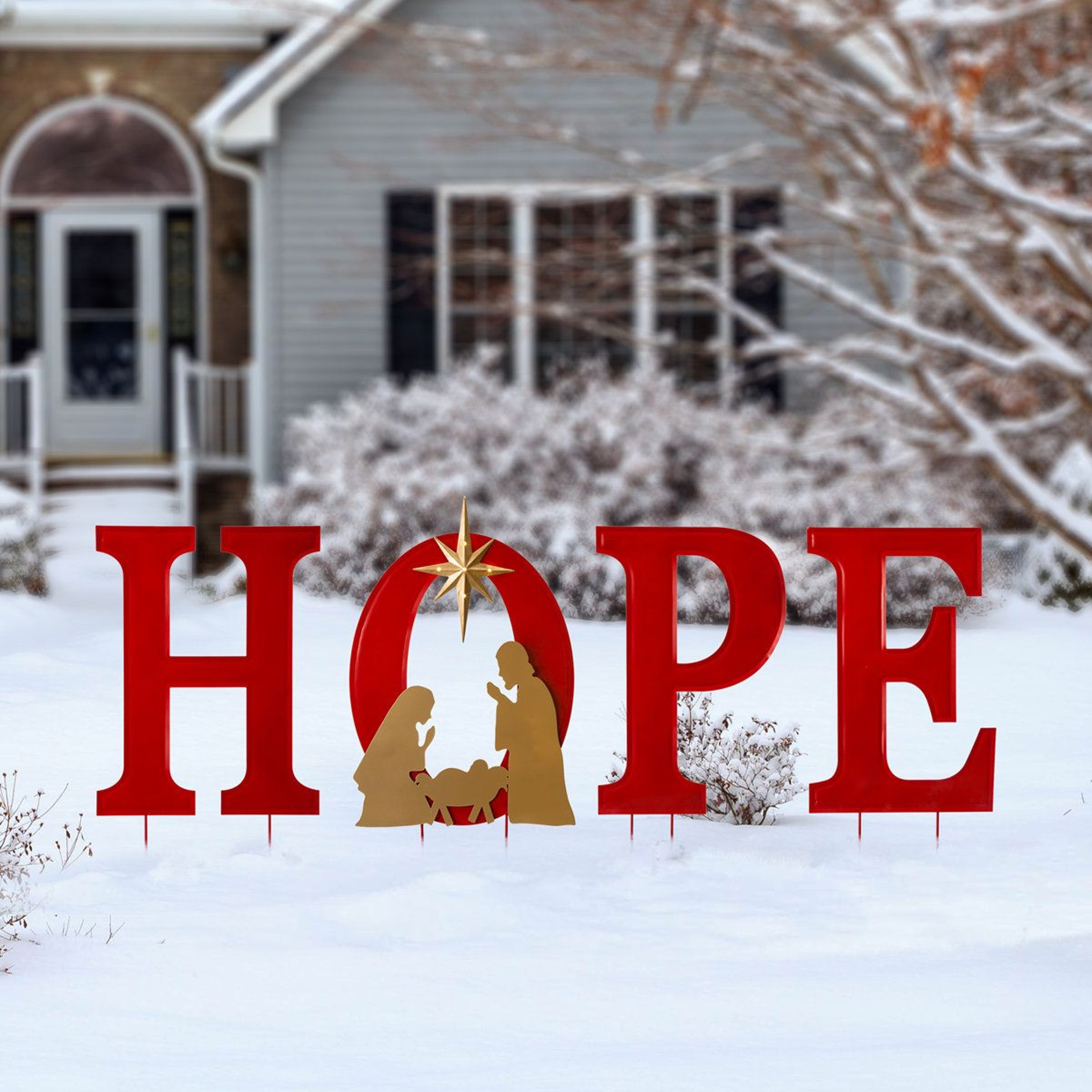 LED Lighted HOPE Nativity Christmas Garden Stakes  4Piece Metal Yard Decor 7