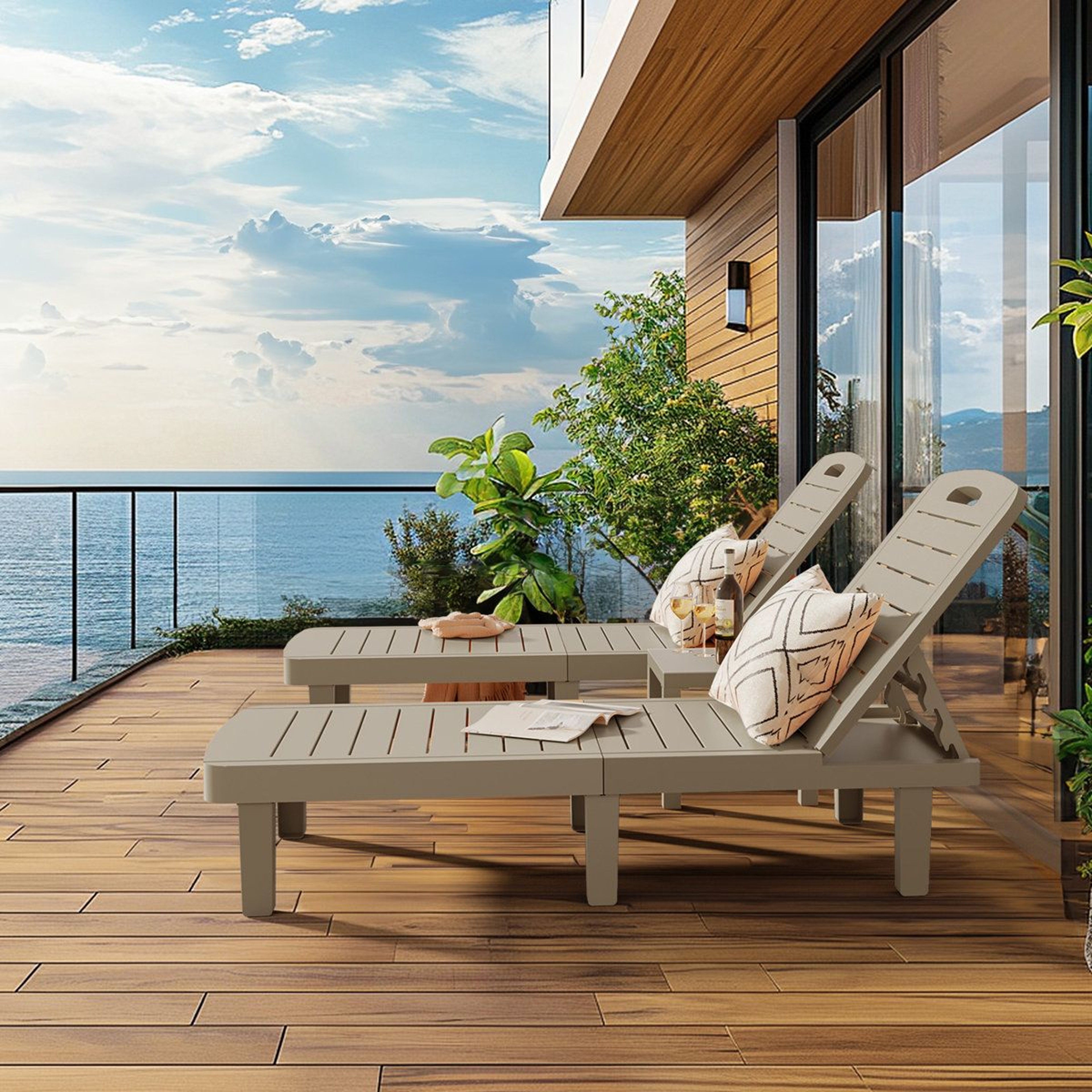 Outdoor Resin Chaise Lounge Chairs With Adjustable Recline And Cup Holders Set Of 2 1