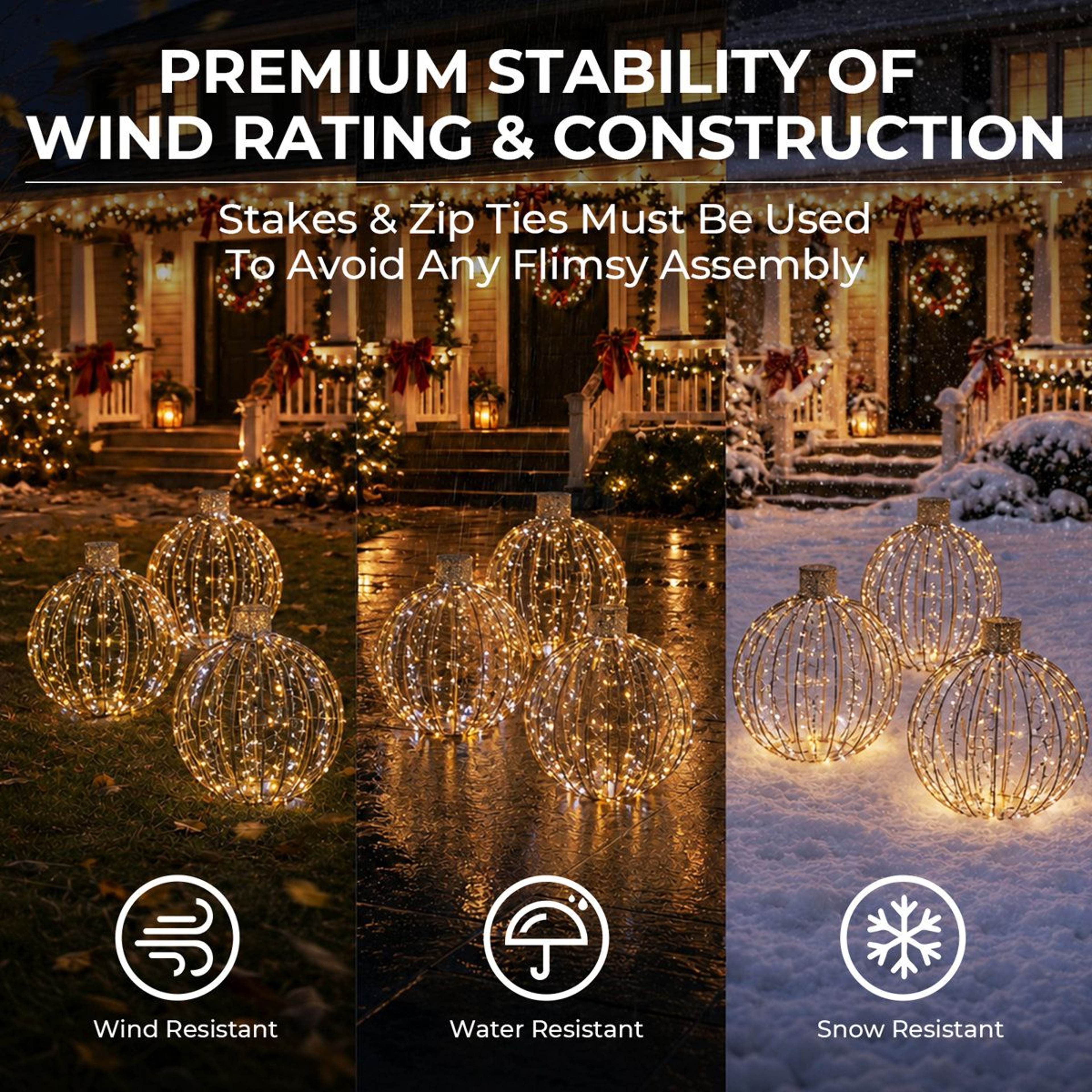 3Piece Outdoor Christmas Ornament Balls With 360 Warm White LED Lights 8
