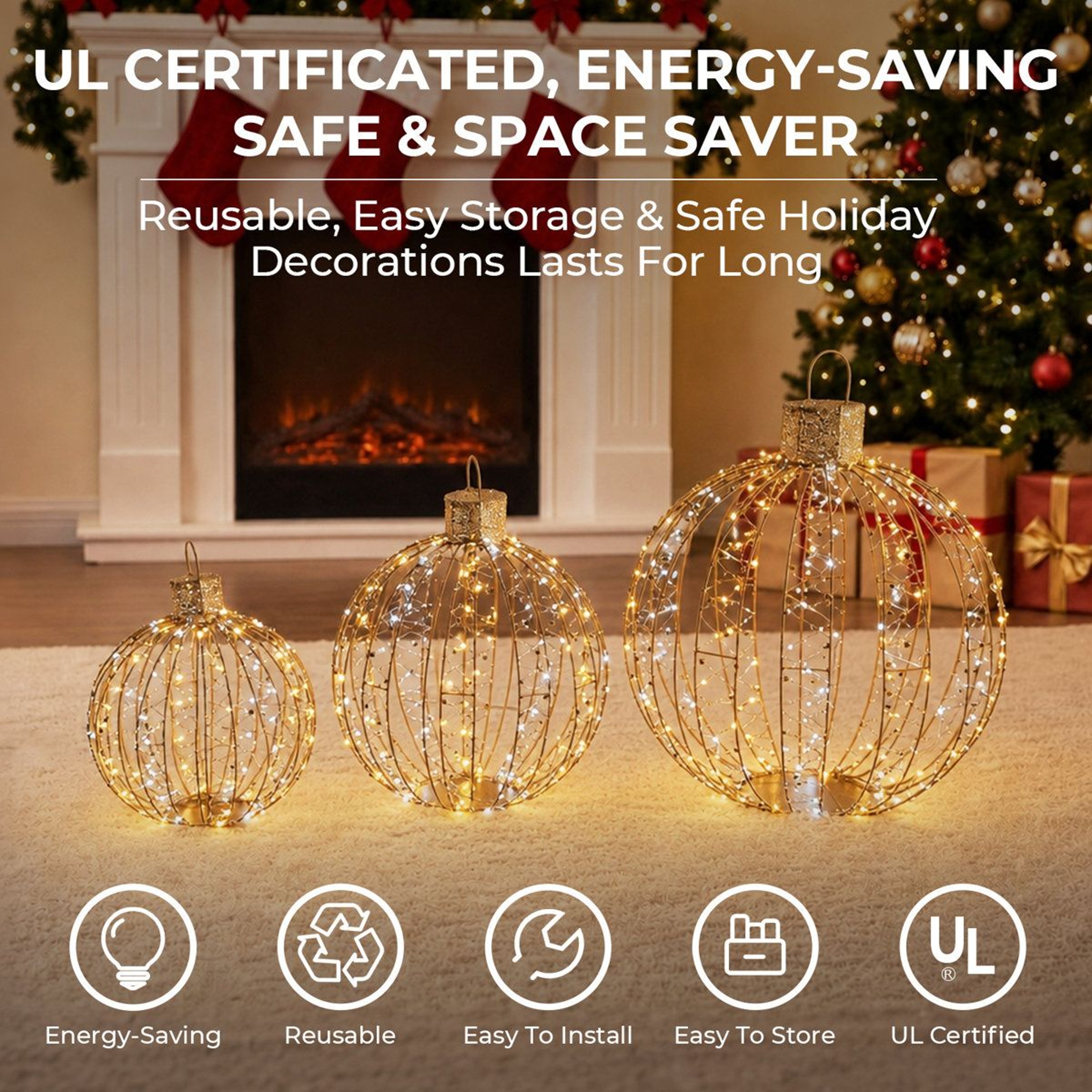 3Piece Outdoor Christmas Ornament Balls With 360 Warm White LED Lights 9