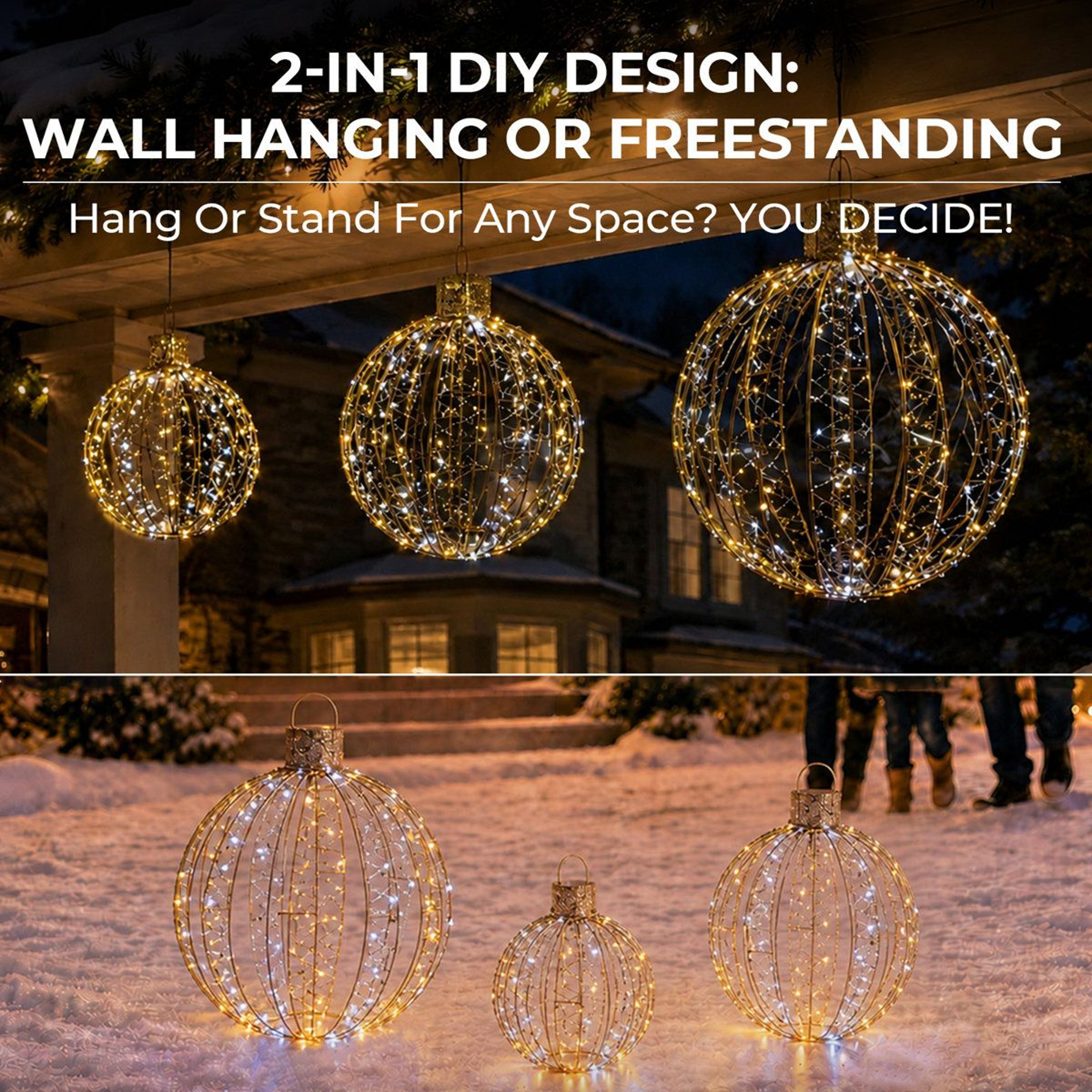3Piece Outdoor Christmas Ornament Balls With 360 Warm White LED Lights 5