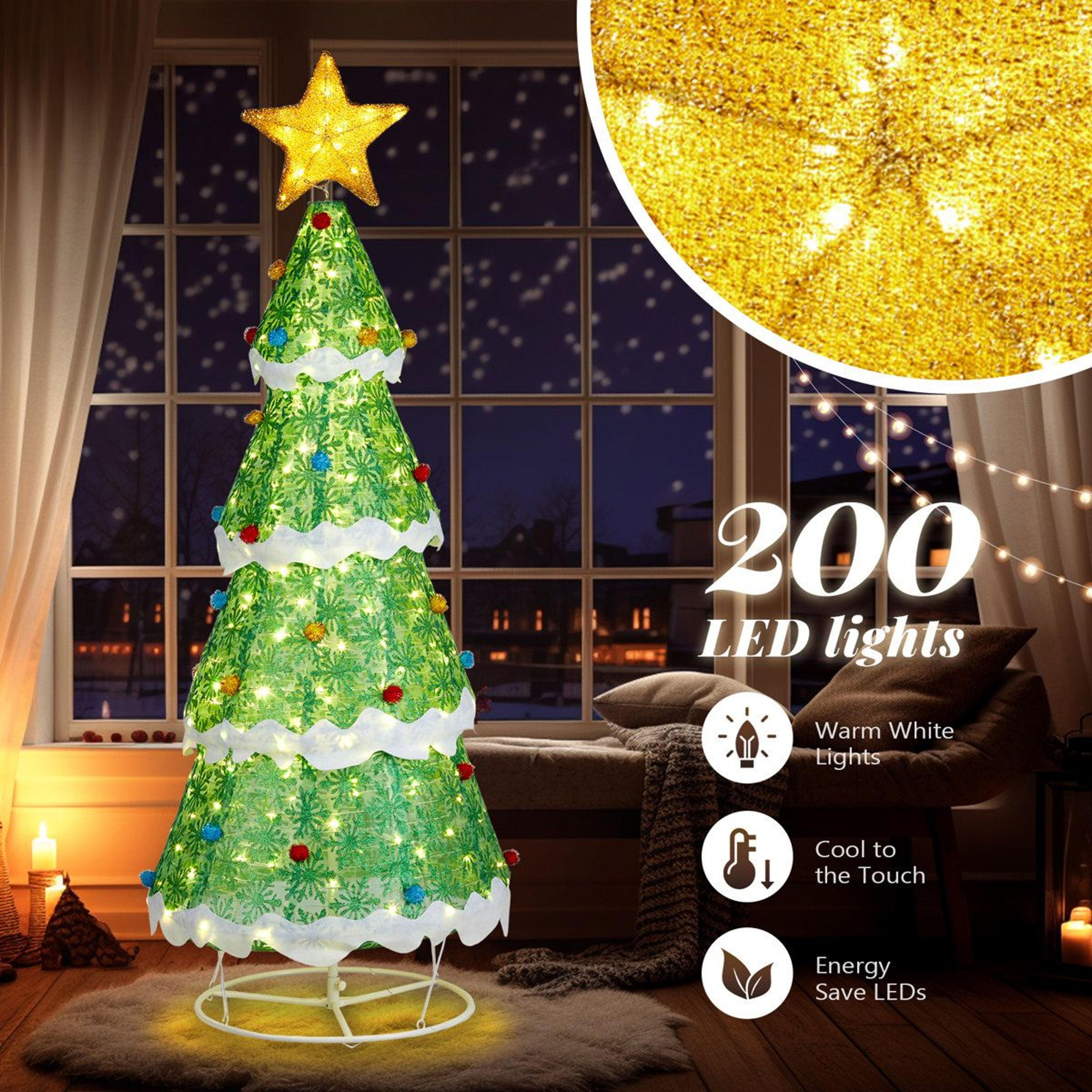 Lighted Collapsible Christmas Tree With Warm White LED Lights And Star Topper 3