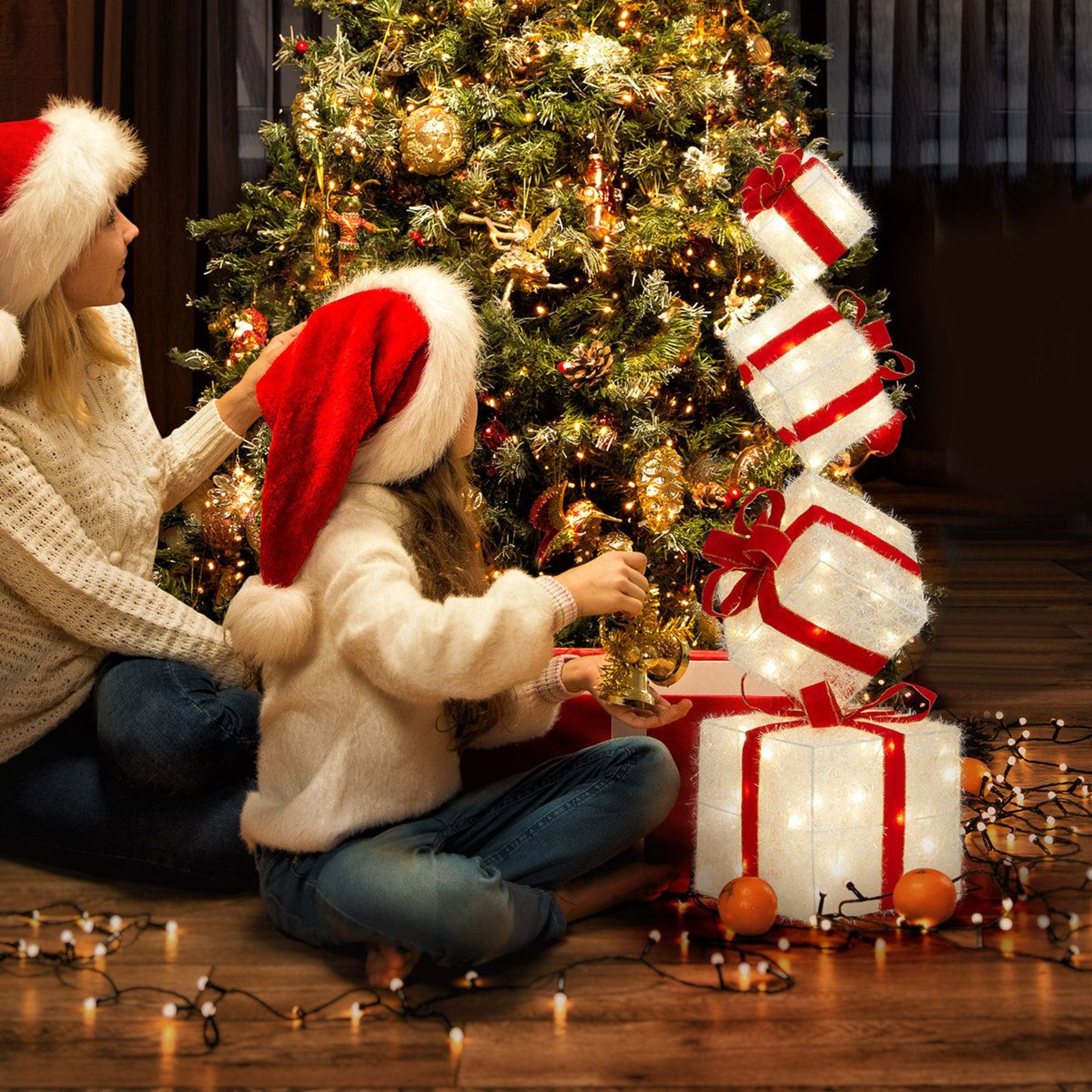 Lighted Christmas Gift Box Decoration Set With Warm White LED Lights  Red And White 4