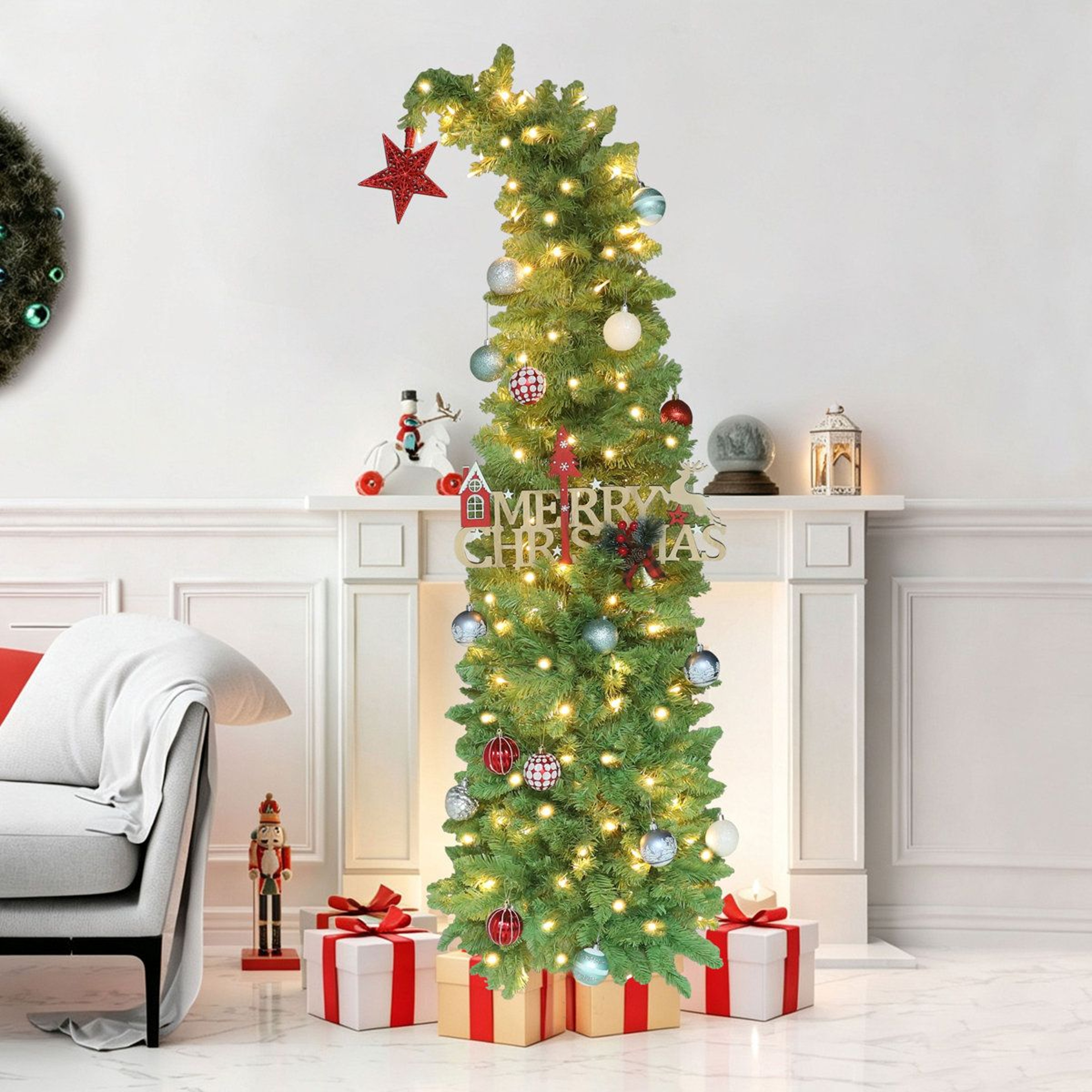 6 Ft PreLit Pencil Christmas Tree With Curved Top Star And 200 Warm White LED Lights 0