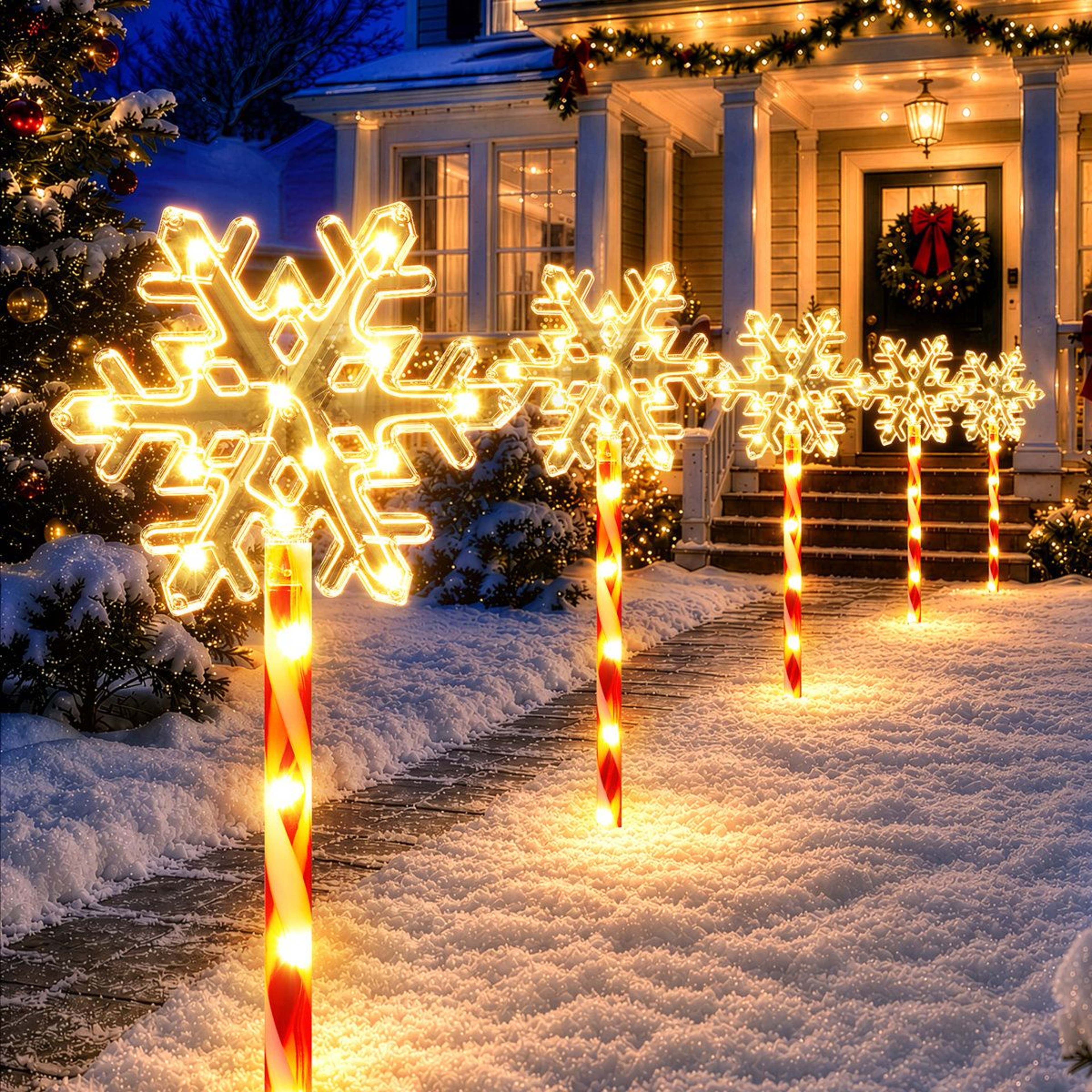 Solar Snowflake Pathway Lights With 180 Warm White LEDs And Candy Cane Poles  Set Of 8 0