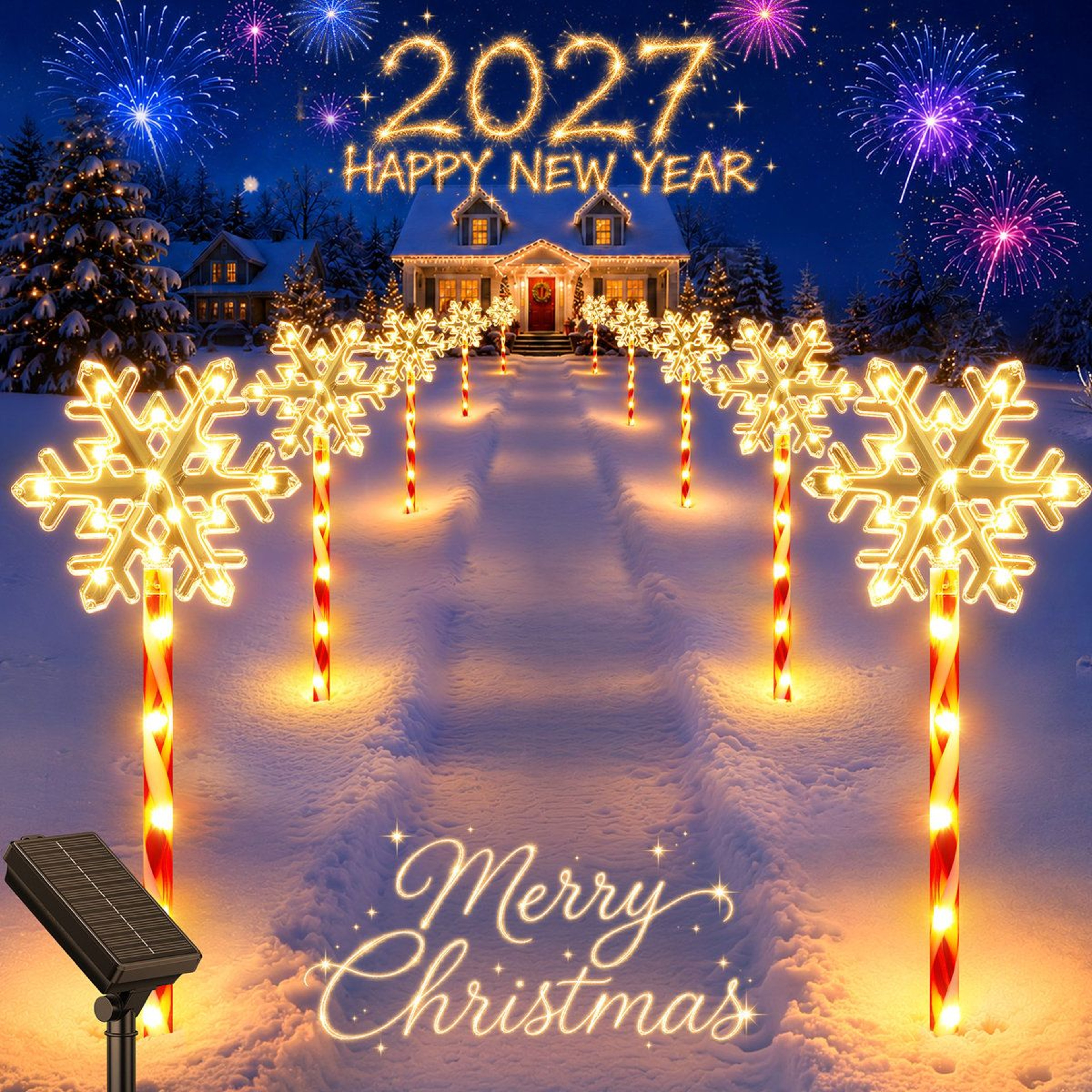 Solar Snowflake Pathway Lights With 180 Warm White LEDs And Candy Cane Poles  Set Of 8 5