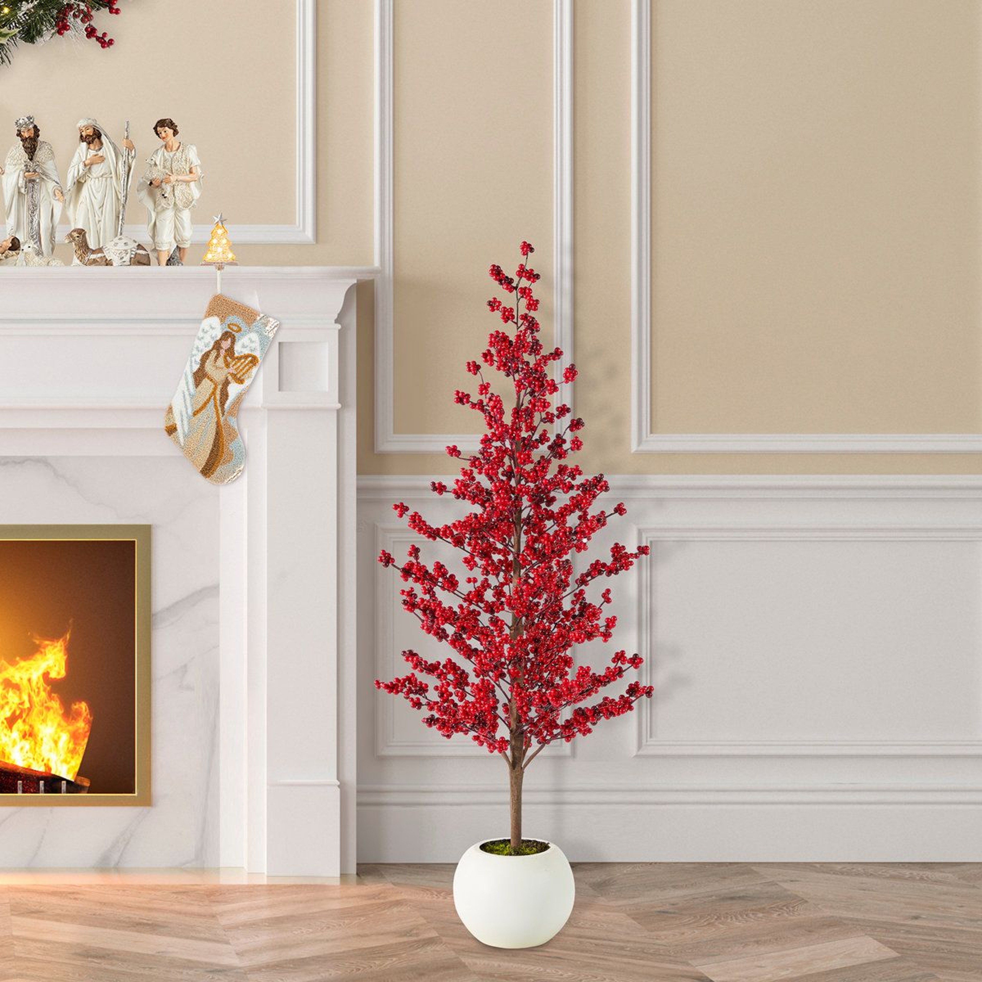 34 Ft Artificial Christmas Tree With Red Berries And Potted Stand 0