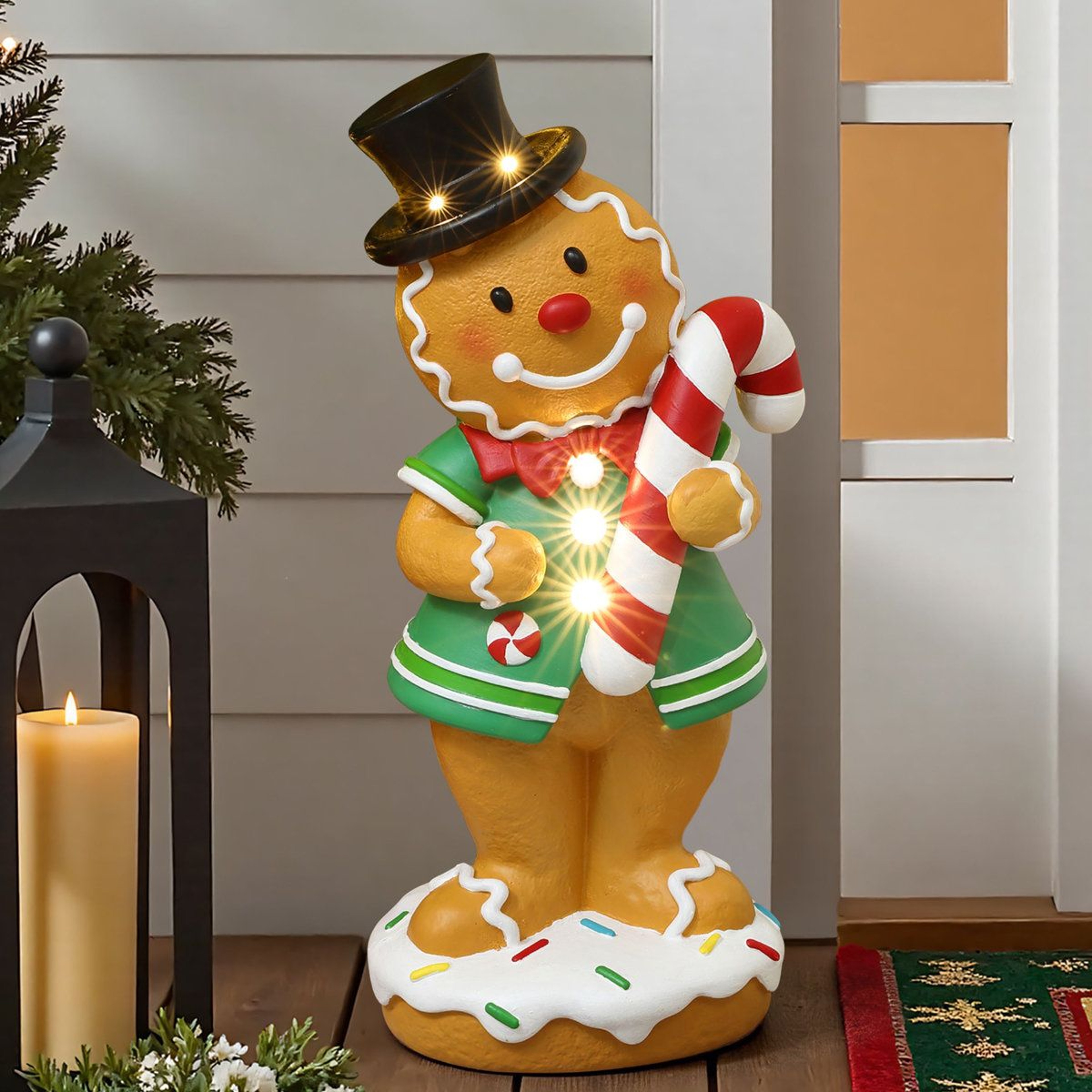 LED Lighted Gingerbread Man Christmas Statue With Candy Cane And BatteryPowered Lights 3
