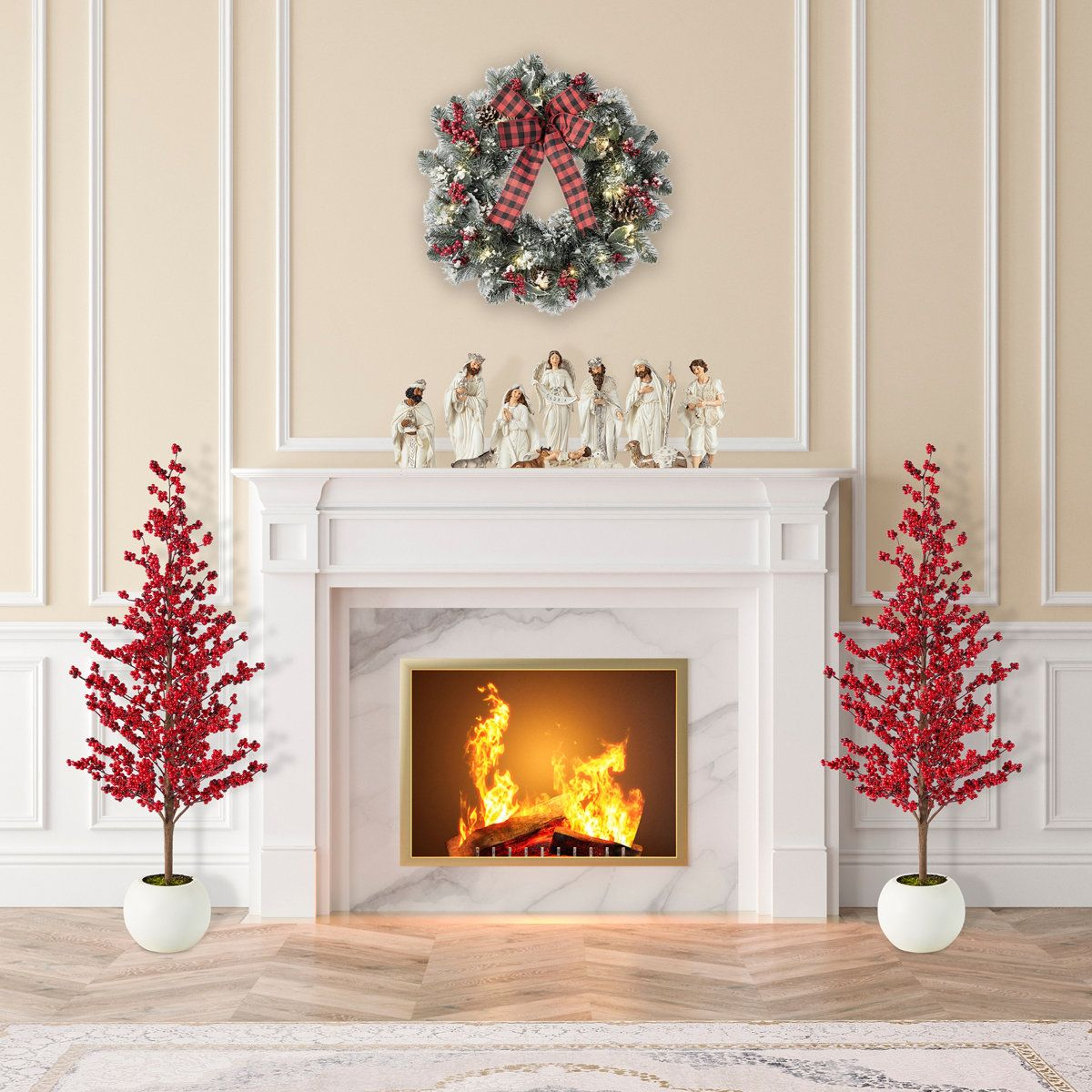 34 Ft Artificial Christmas Porch Trees With Red Berries And White Pots Set Of 2 2