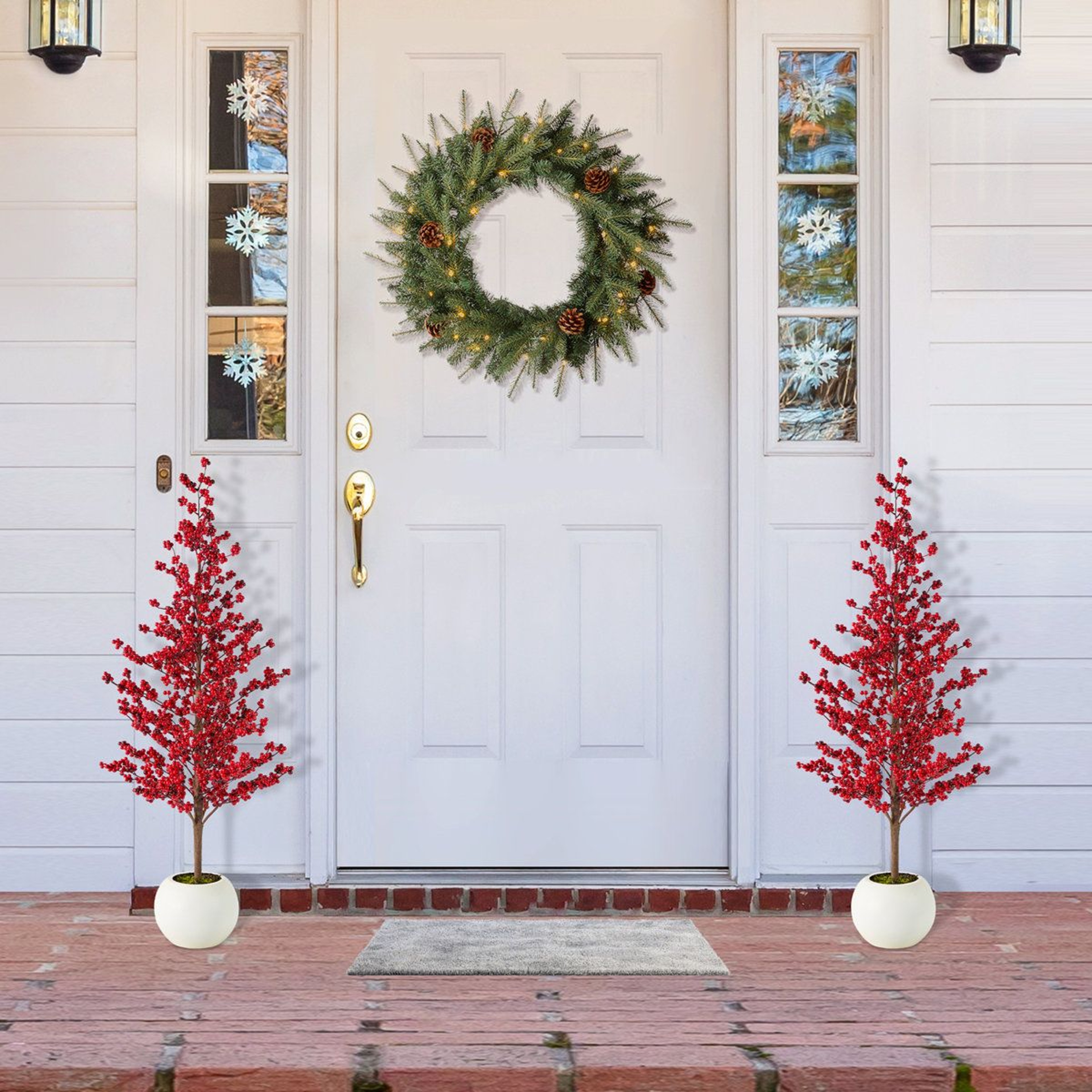 34 Ft Artificial Christmas Porch Trees With Red Berries And White Pots Set Of 2 7