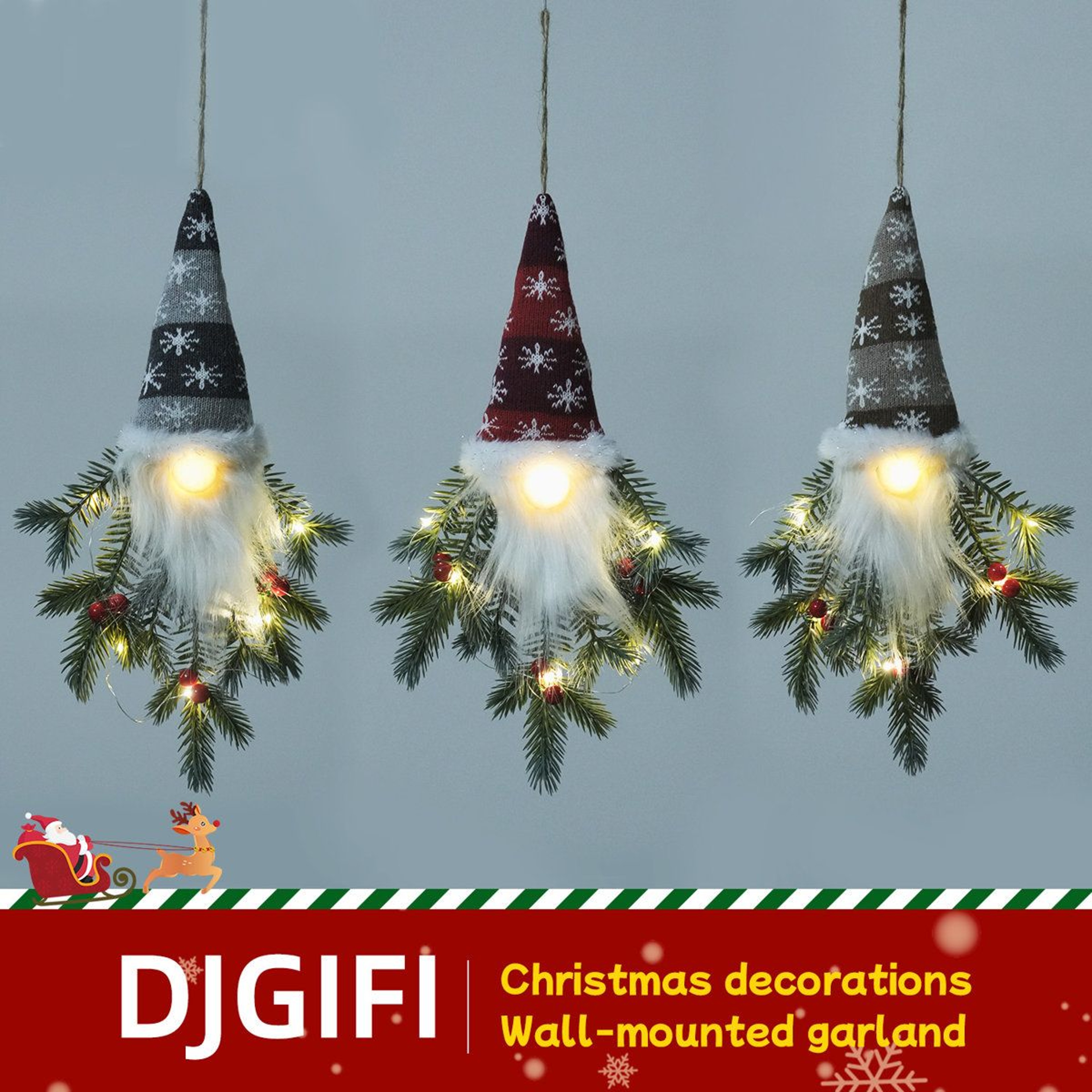 LightUp Christmas Elf Hanging Decorations With LED Pine And Berries Set Of 3 13