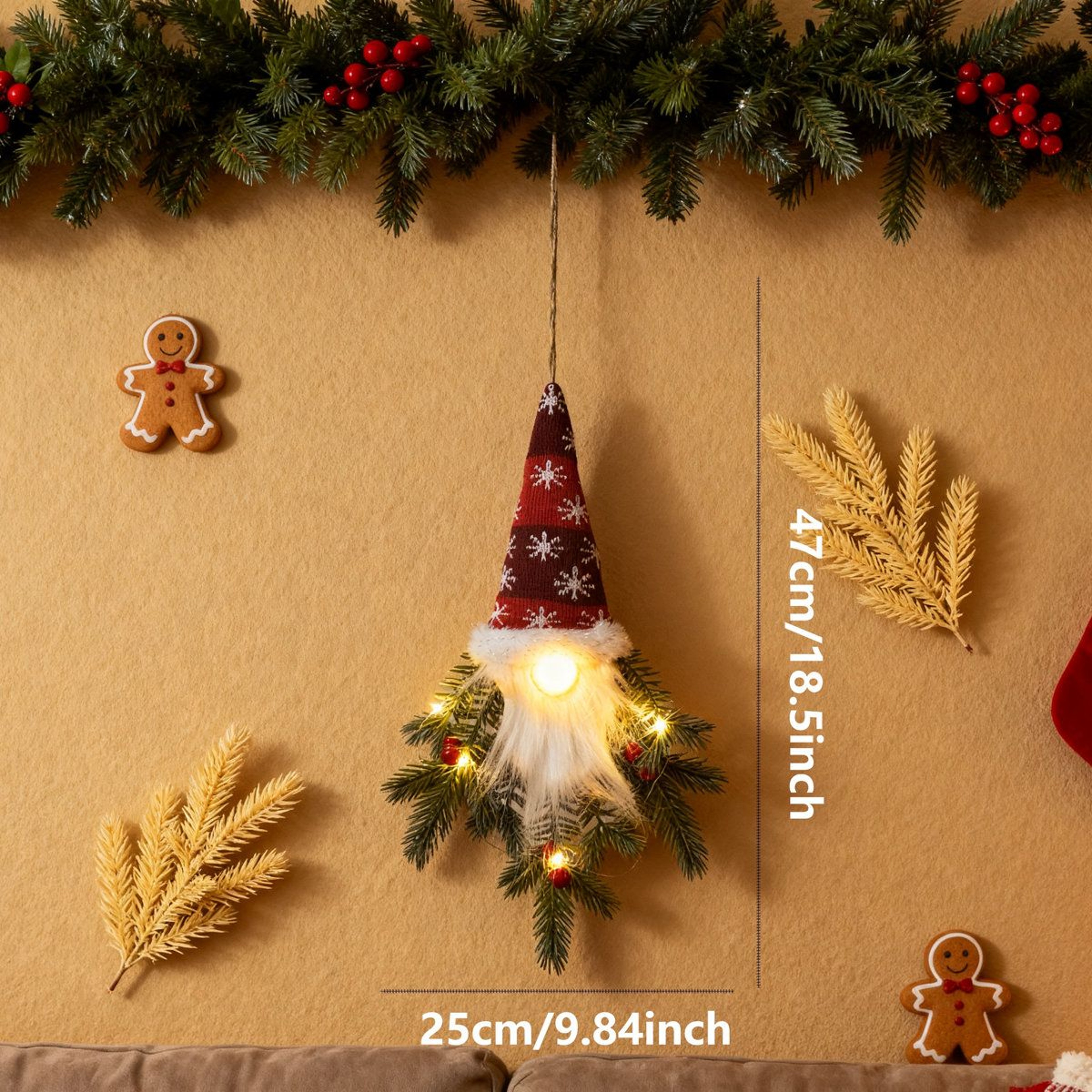 LightUp Christmas Elf Hanging Decorations With LED Pine And Berries Set Of 3 9