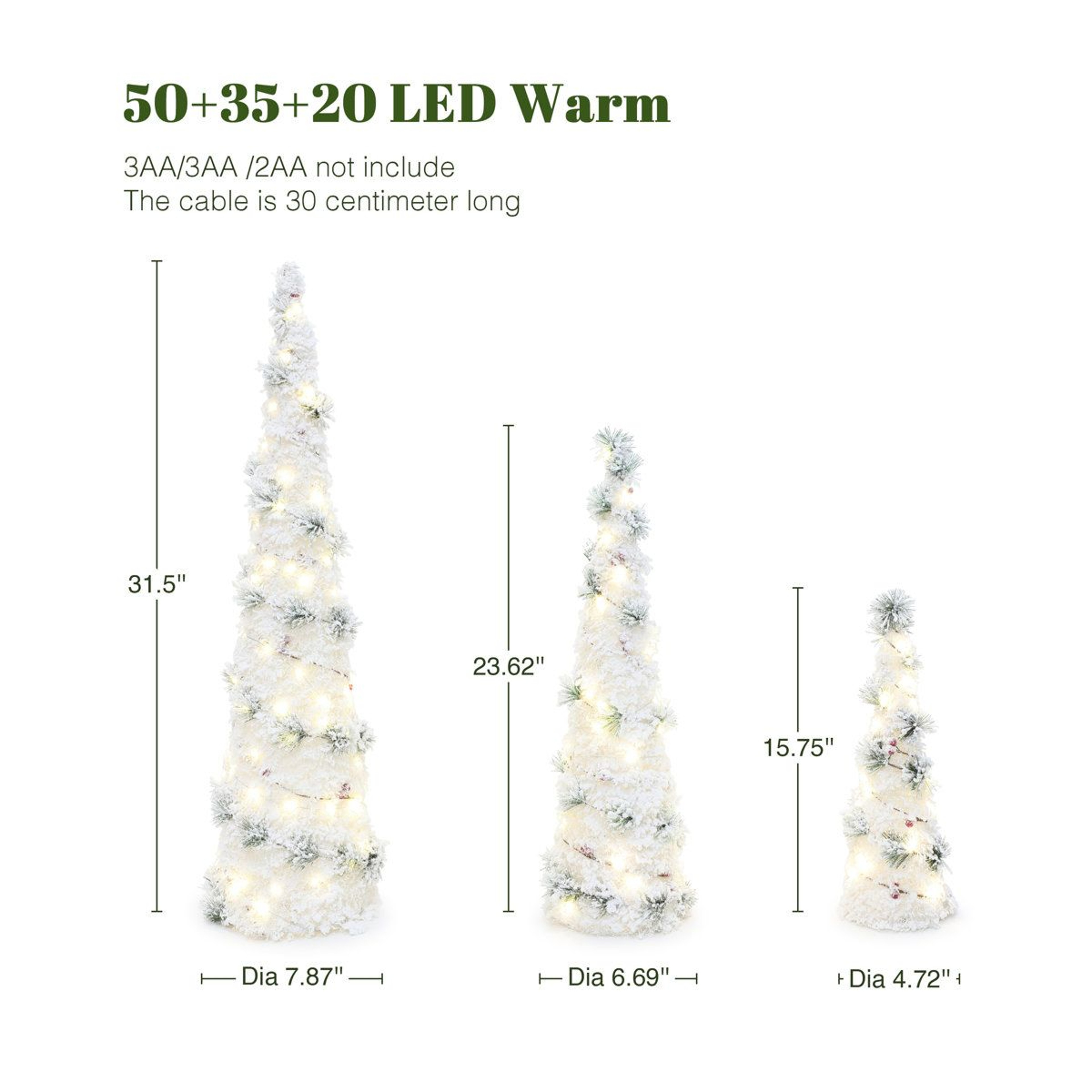 3Piece PreLit Flocked Cone Christmas Tree Set With Warm White LED Lights 4