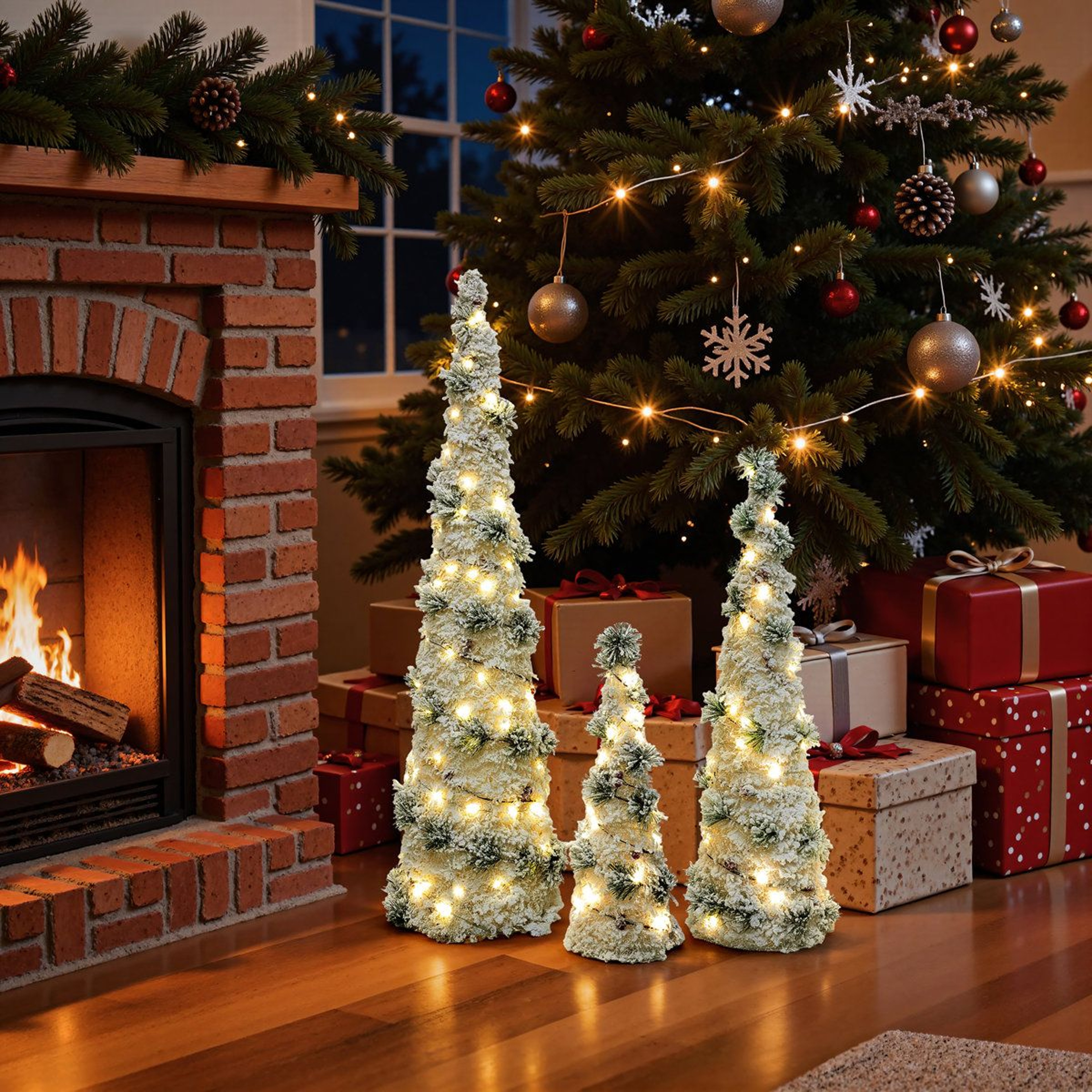 3Piece PreLit Flocked Cone Christmas Tree Set With Warm White LED Lights 2