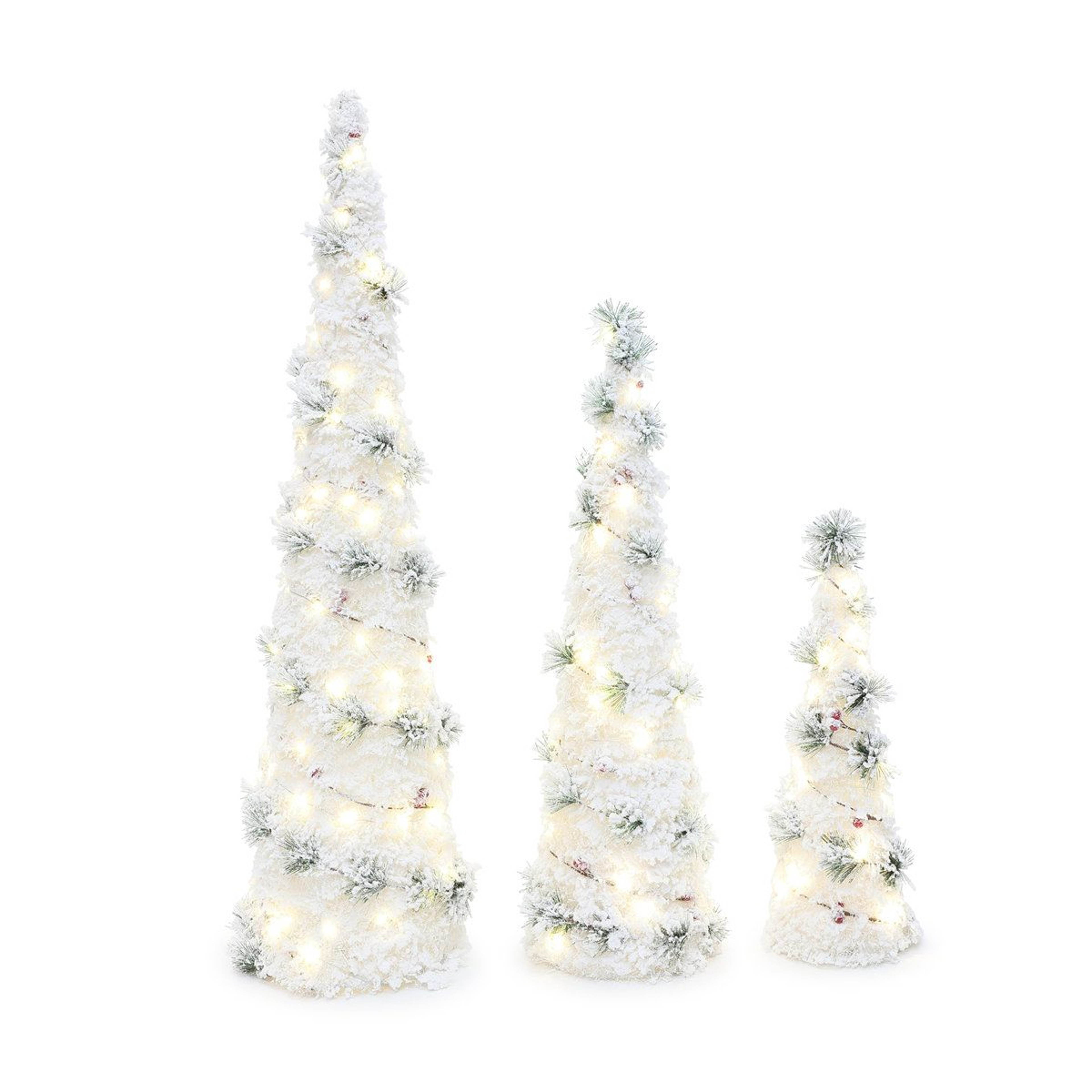 3Piece PreLit Flocked Cone Christmas Tree Set With Warm White LED Lights 9
