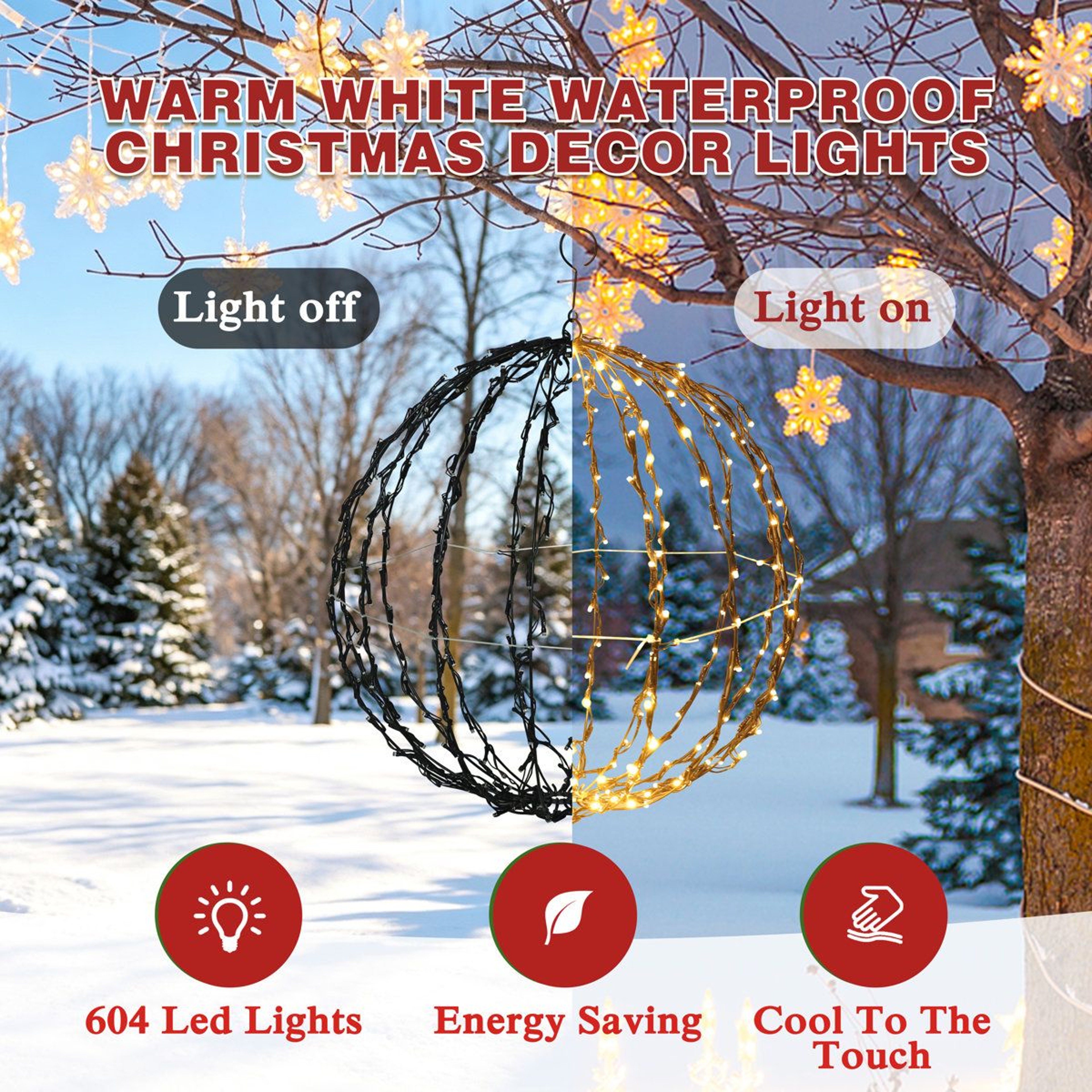 Set Of 3 Outdoor Christmas Light Balls With 604 Warm White LEDs And Hanging Hooks 4