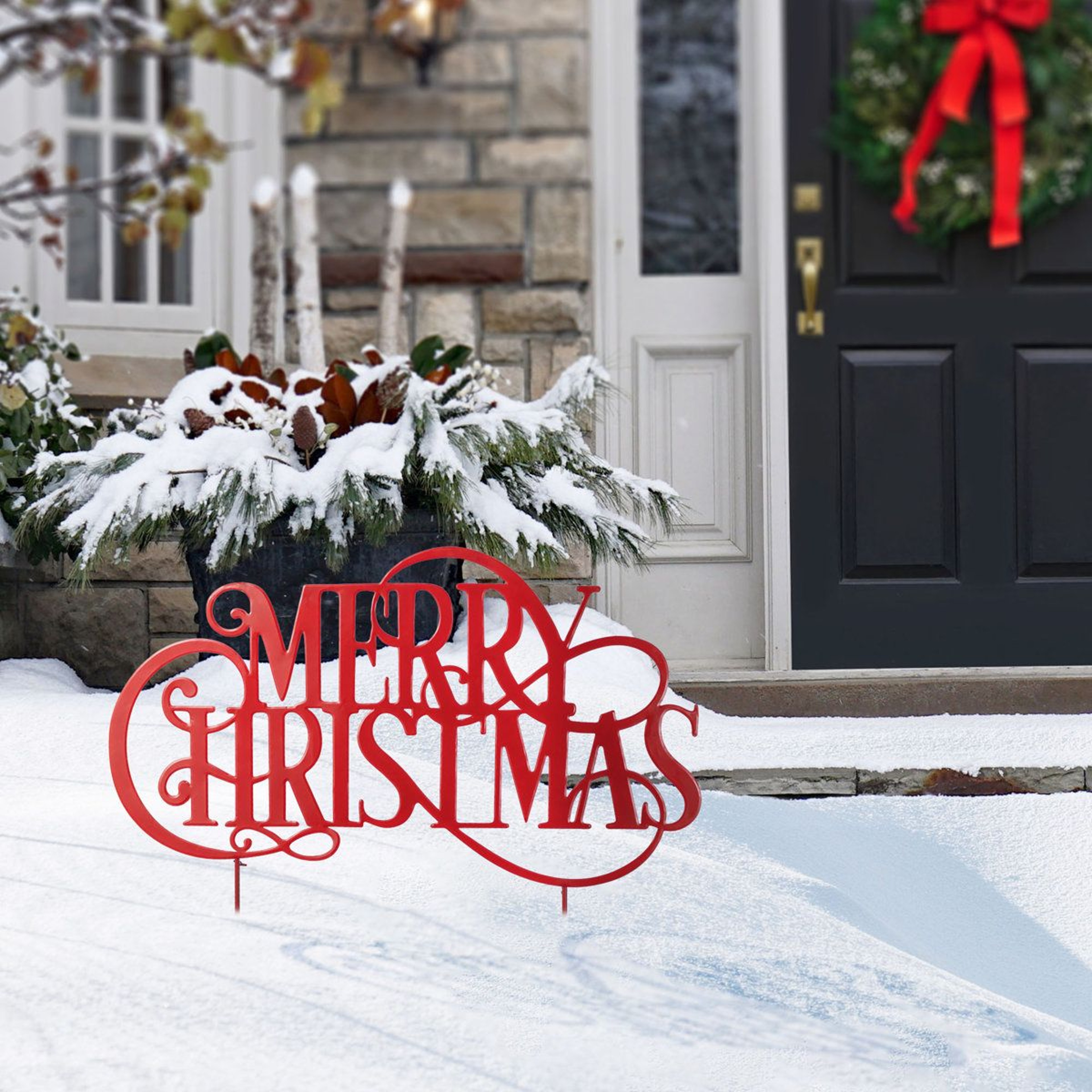 Oversized Metal Merry Christmas Yard Stake  36Inch Red Outdoor Holiday Decoration 6