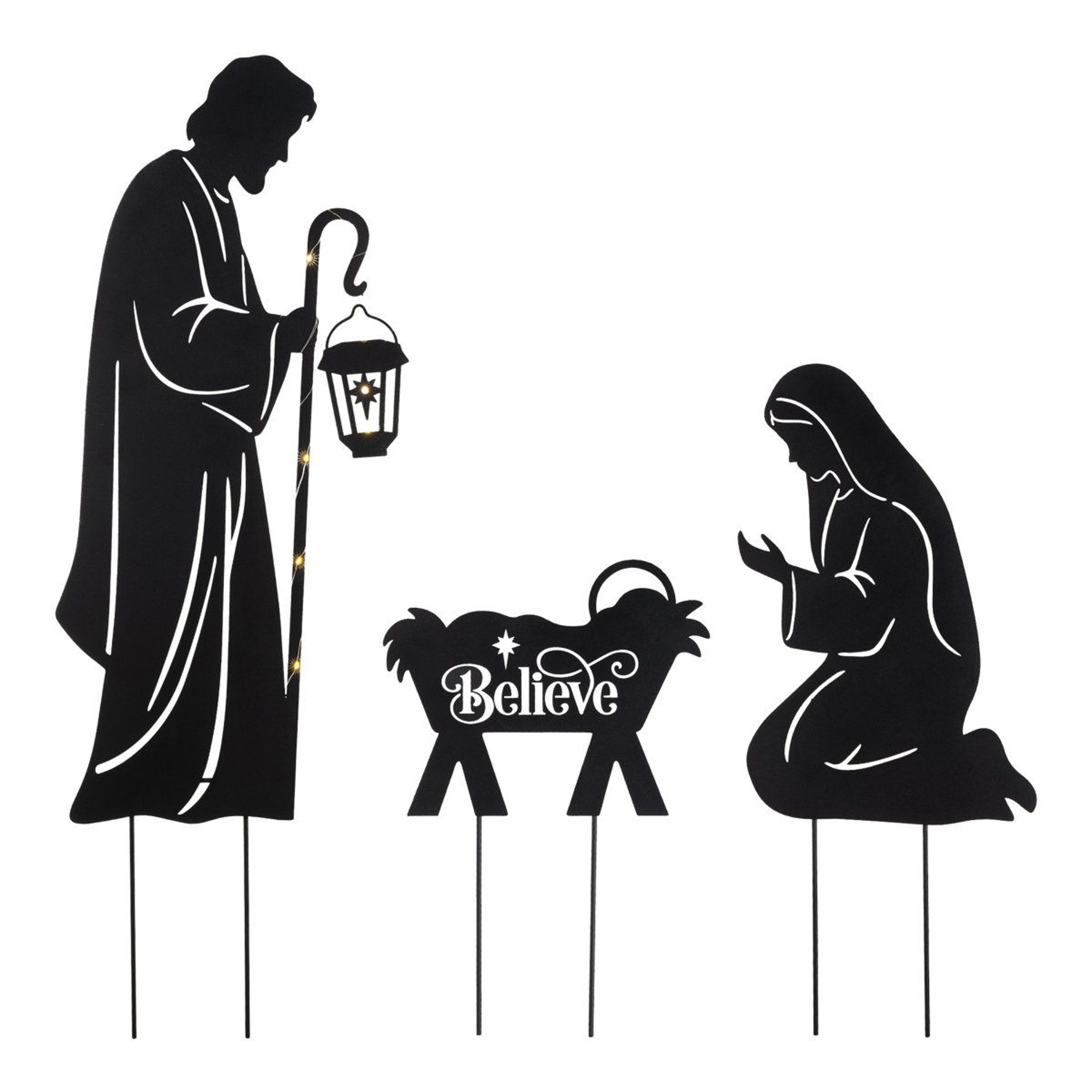 Christmas Nativity Yard Stakes With LED Lantern And Timer  Set Of 3 0