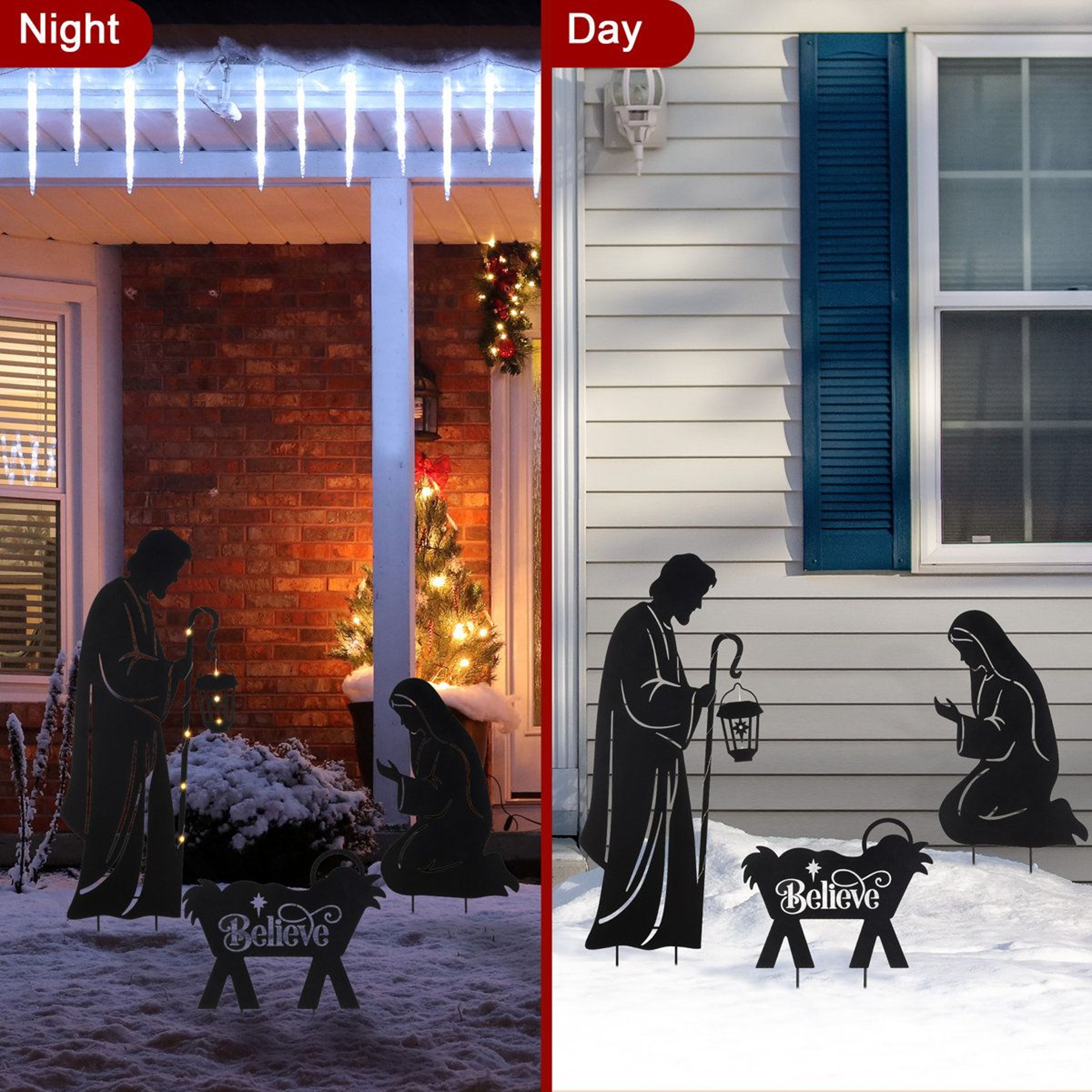 Christmas Nativity Yard Stakes With LED Lantern And Timer  Set Of 3 11