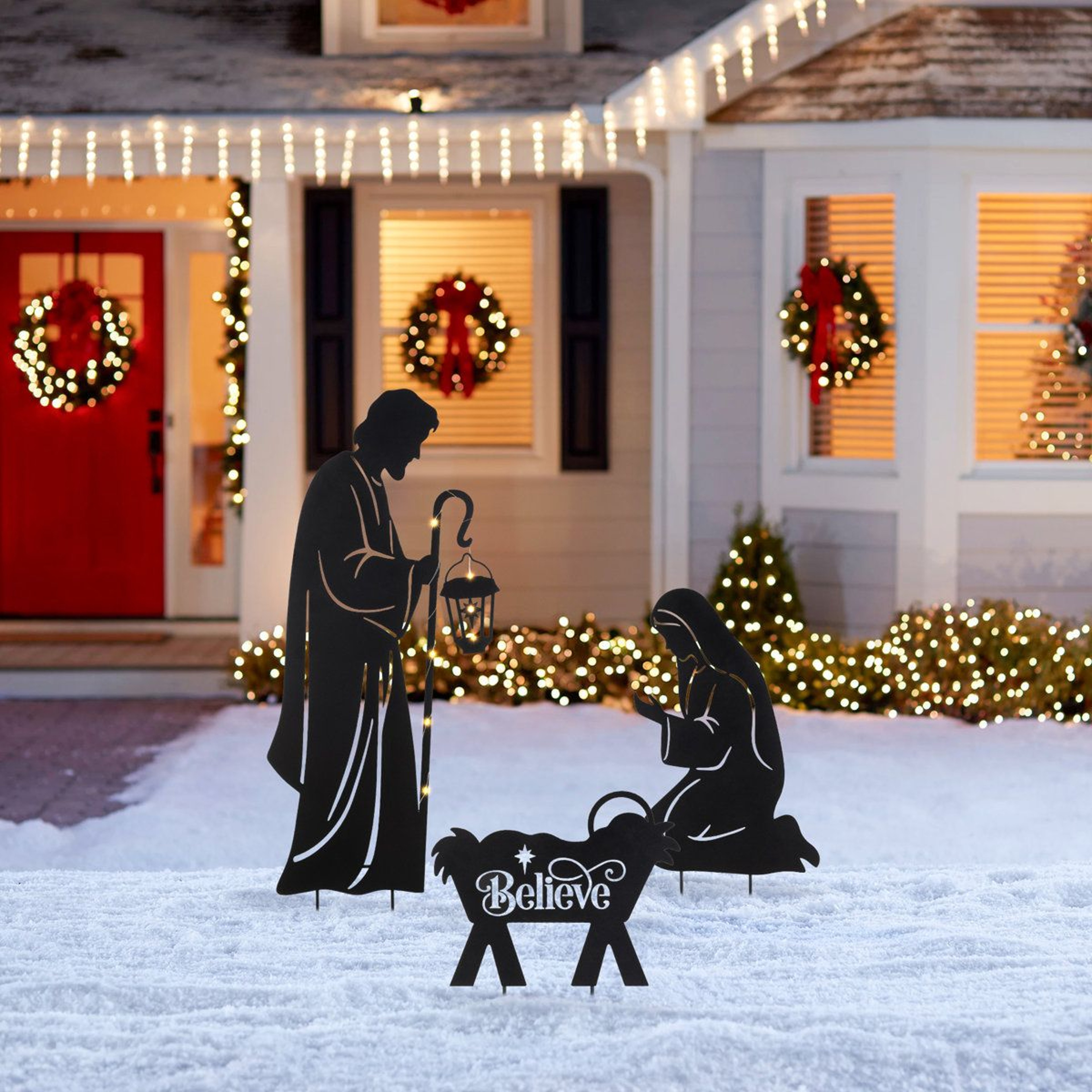 Christmas Nativity Yard Stakes With LED Lantern And Timer  Set Of 3 10