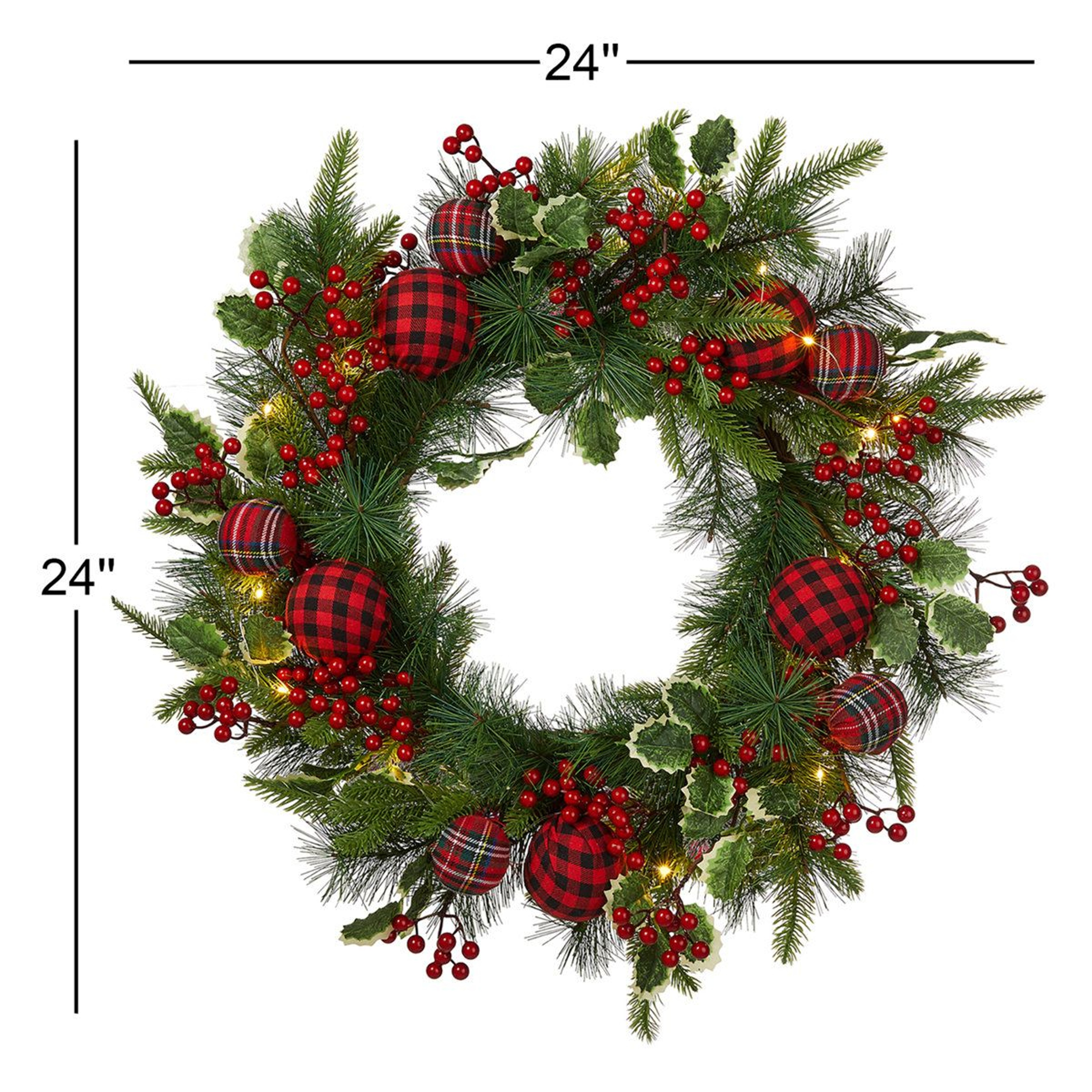 24Inch PreLit Christmas Wreath With Warm White LED Lights And Pine Cones 6