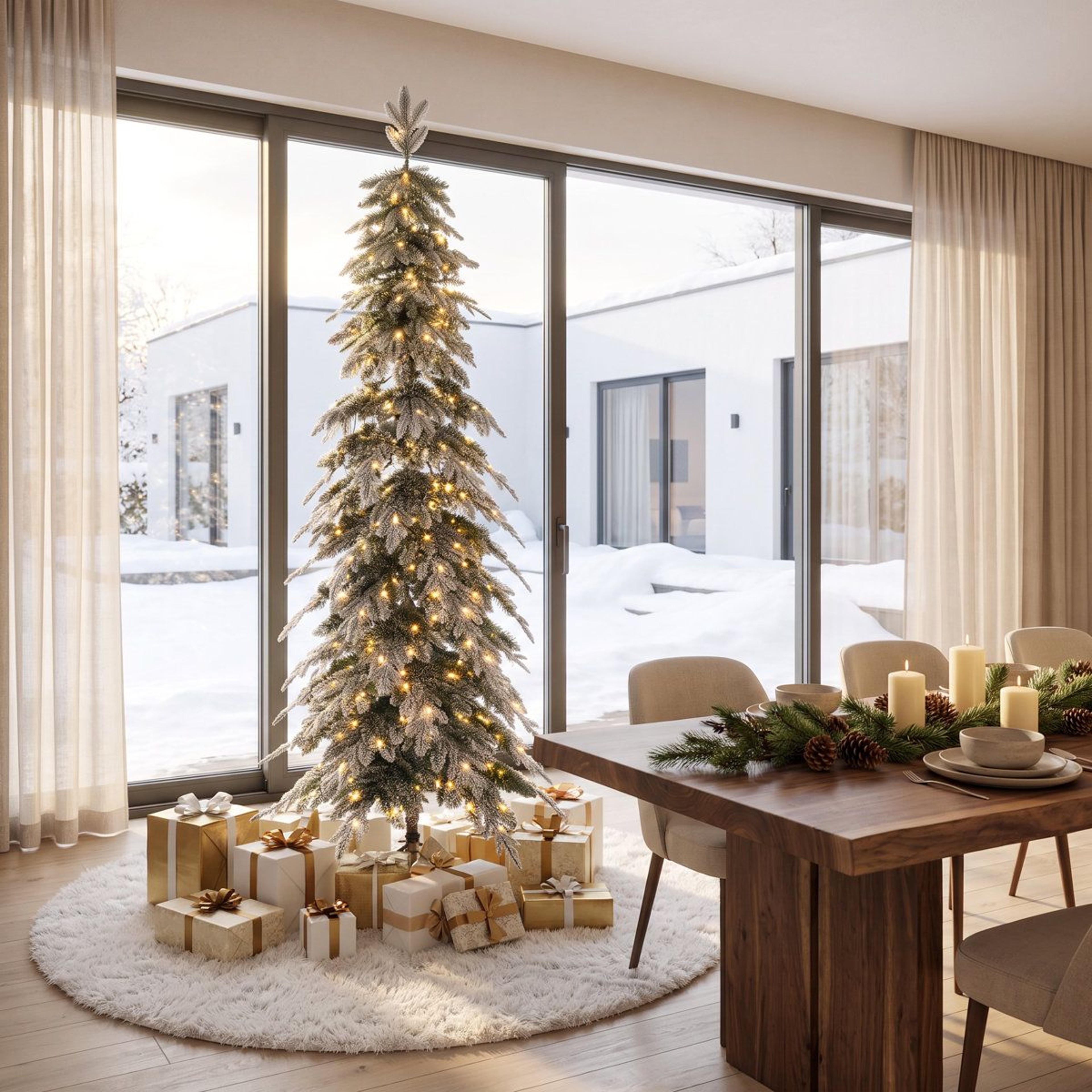 PreLit Frosted Artificial Christmas Tree With Warm White LED Lights And Slim Design 0