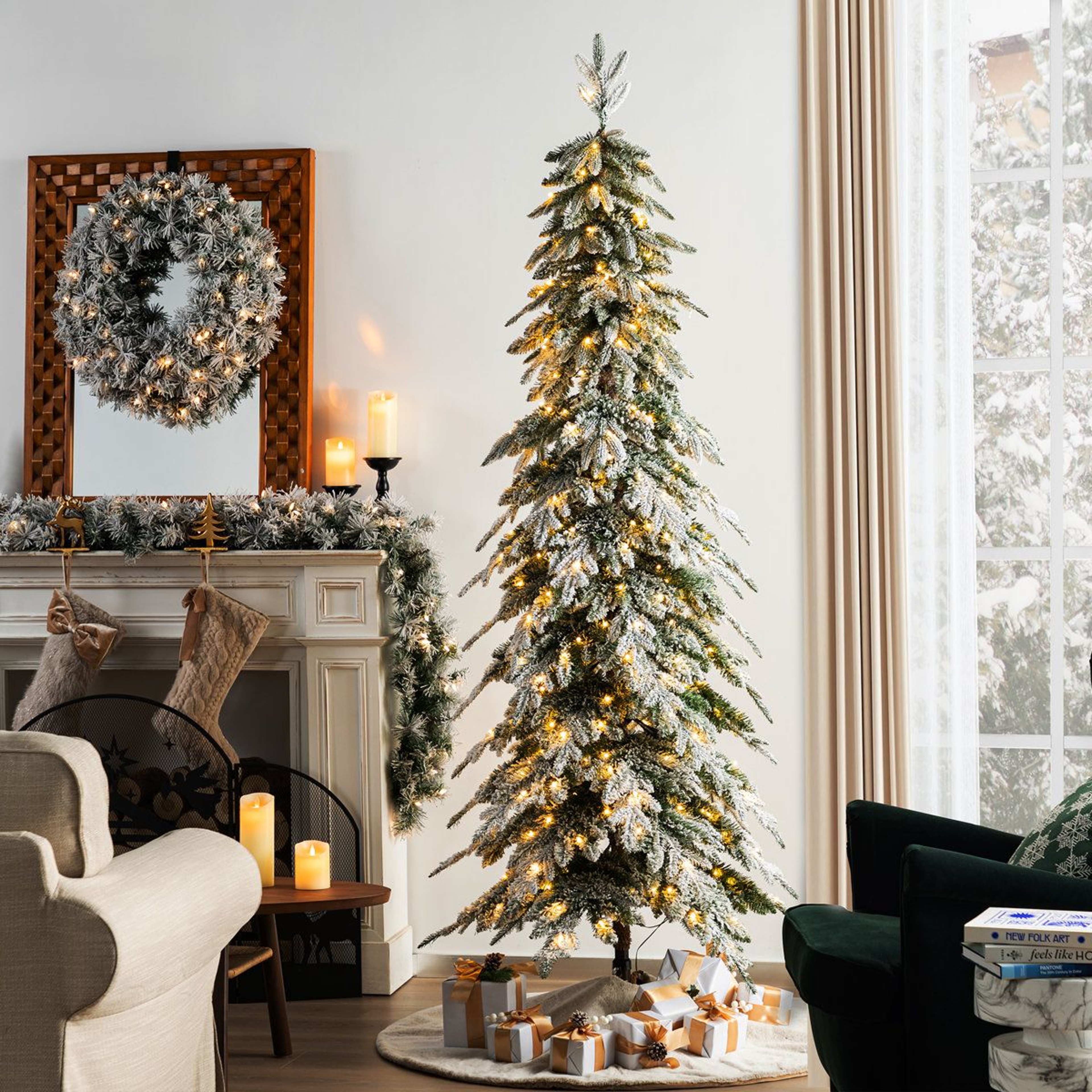 PreLit Frosted Artificial Christmas Tree With Warm White LED Lights And Slim Design 4