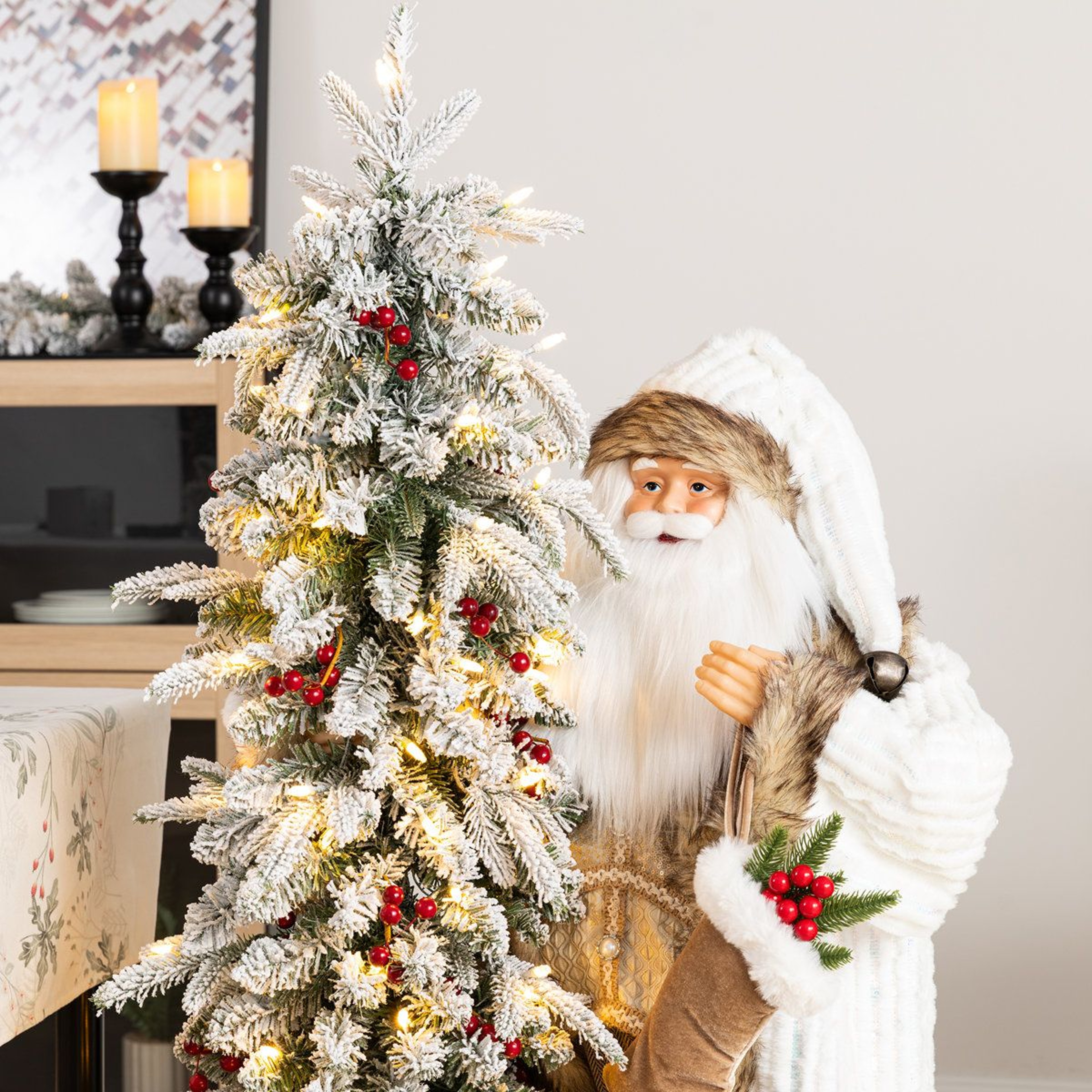 Oversized Woodland Santa With Lighted Flocked Christmas Tree And Blue Velvet Robe 8