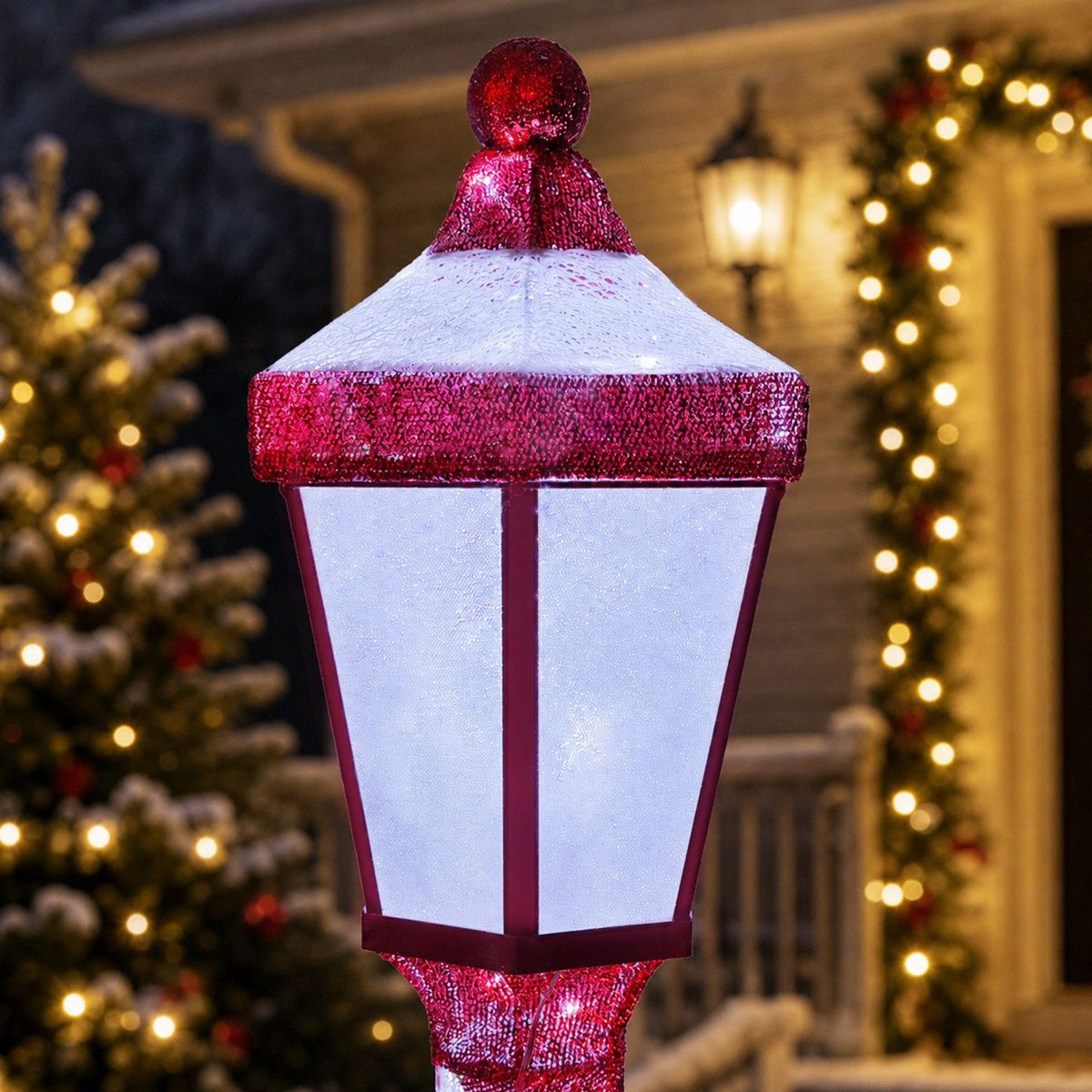 5 Ft Outdoor Christmas Lamp Post Decoration With 129 White LED Lights And Red Bow 3
