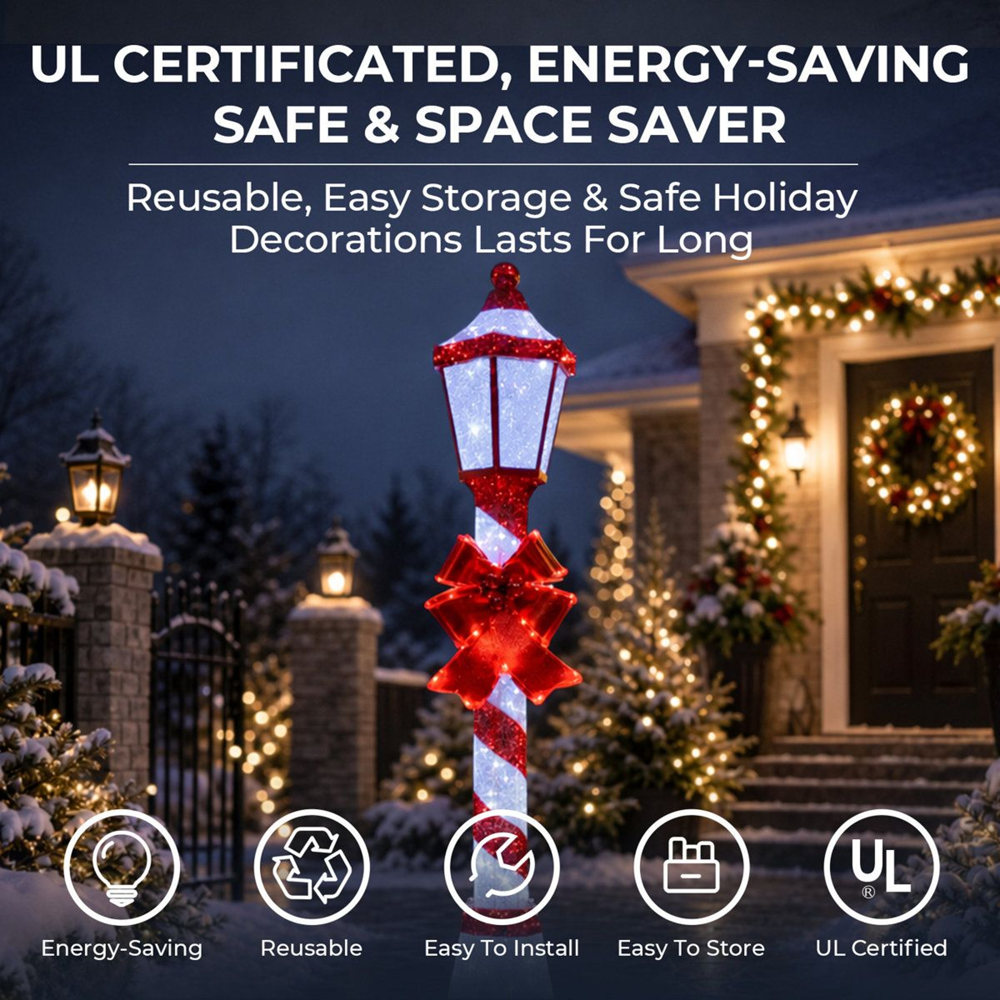 5 Ft Outdoor Christmas Lamp Post Decoration With 129 White LED Lights And Red Bow 14