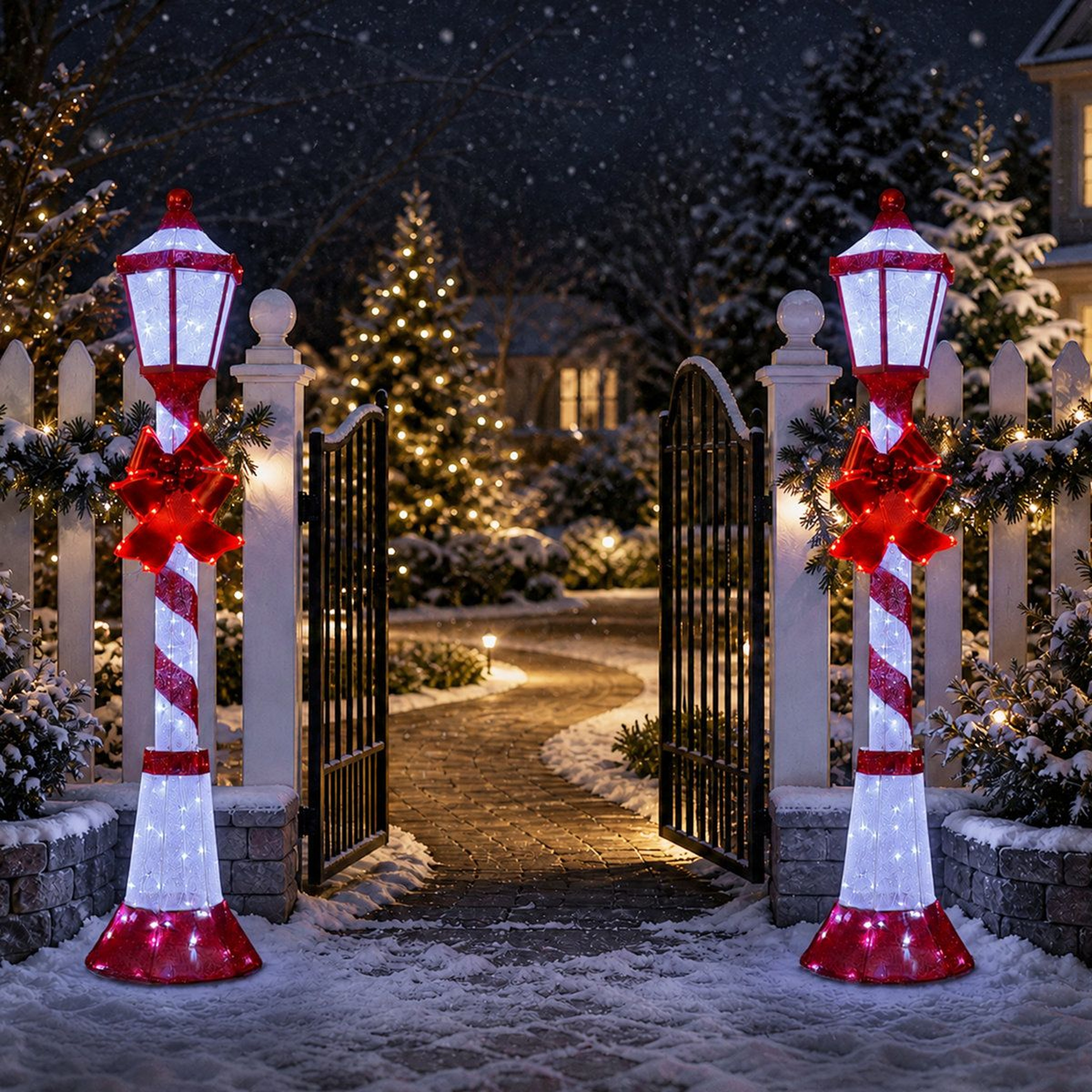 5 Ft Outdoor Christmas Lamp Post Decoration With 129 White LED Lights And Red Bow 9