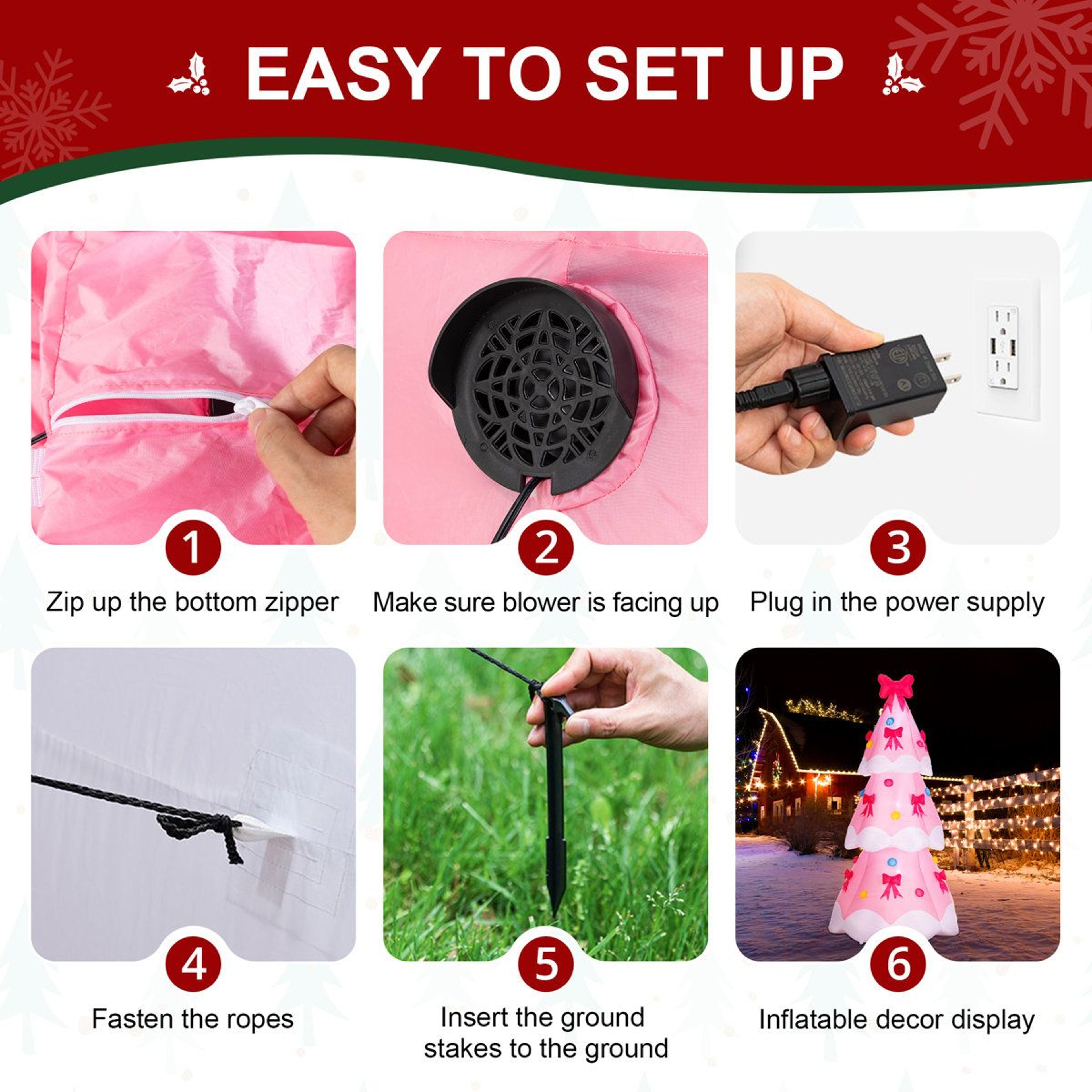 7FT Lighted Inflatable Pink Christmas Tree With Bows And LED Lights 6