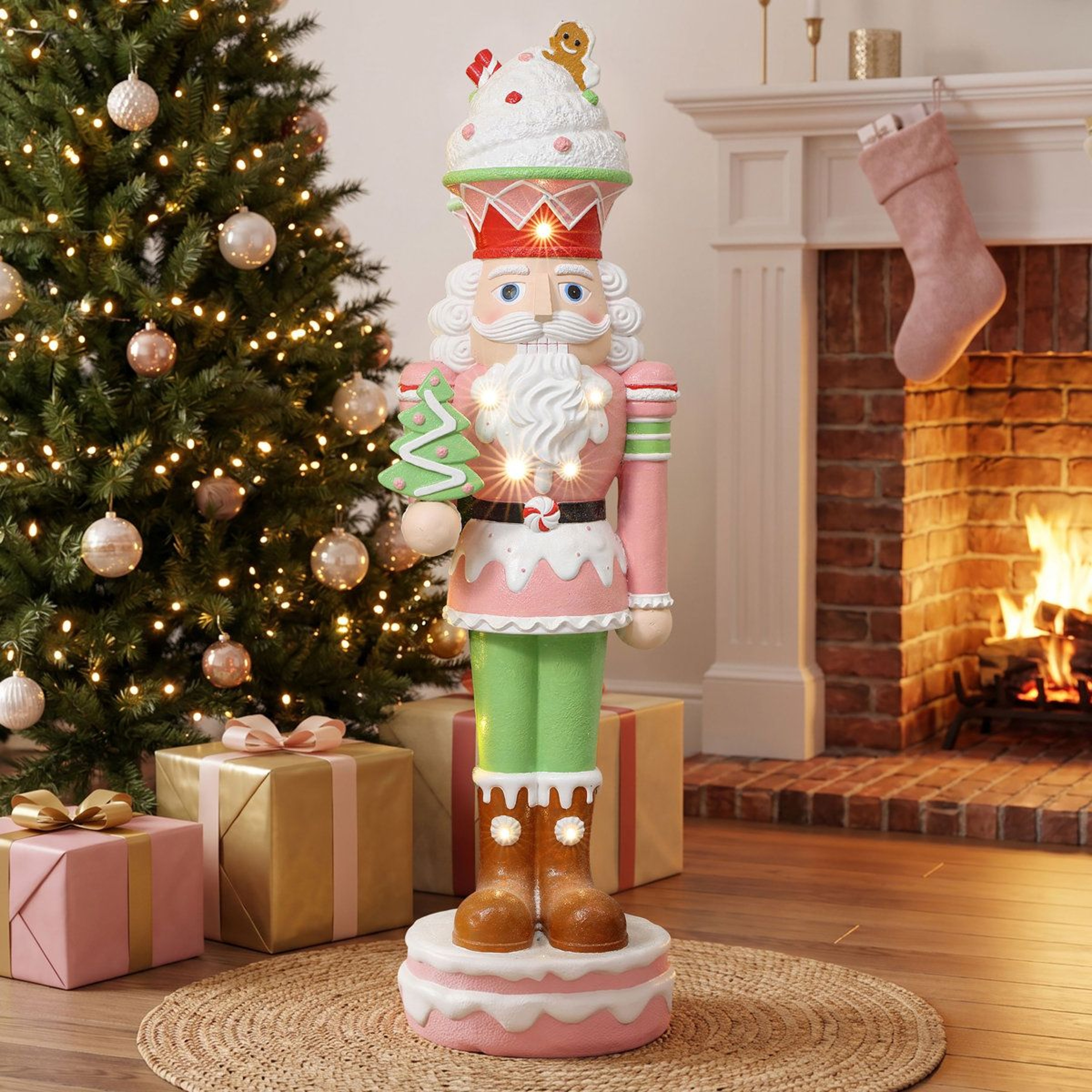 Lighted Pink Christmas Nutcracker Soldier With Candy Theme And Battery Timer 16