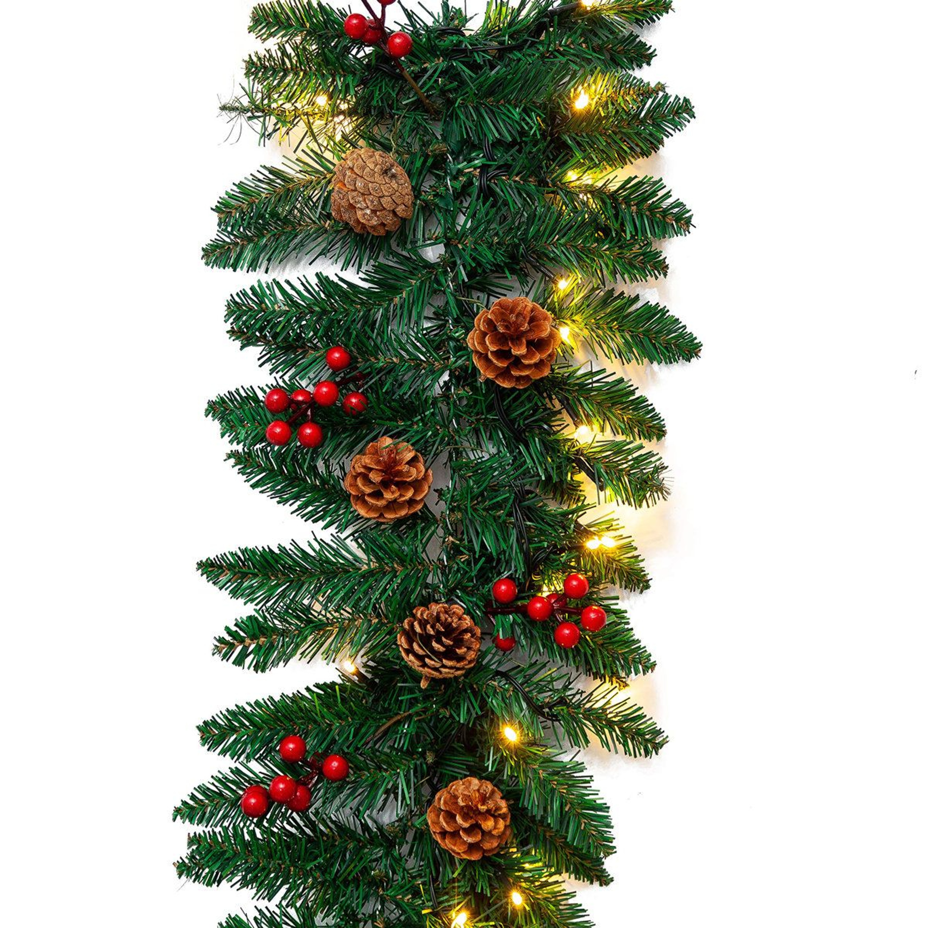 9 Ft PreLit Artificial Christmas Garland With 100 LED Lights Pine Cones And Red Berries 3