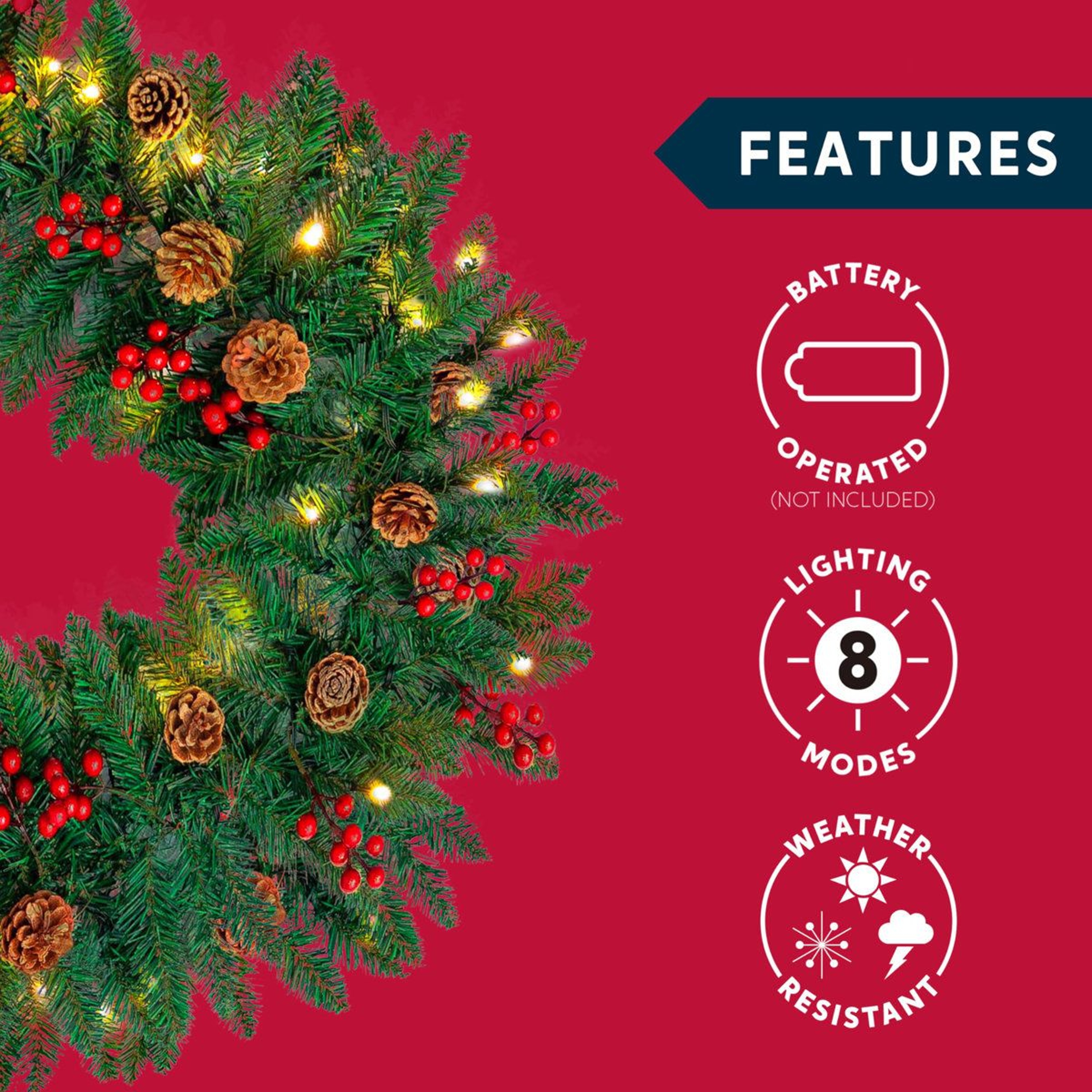 9 Ft PreLit Artificial Christmas Garland With 100 LED Lights Pine Cones And Red Berries 6