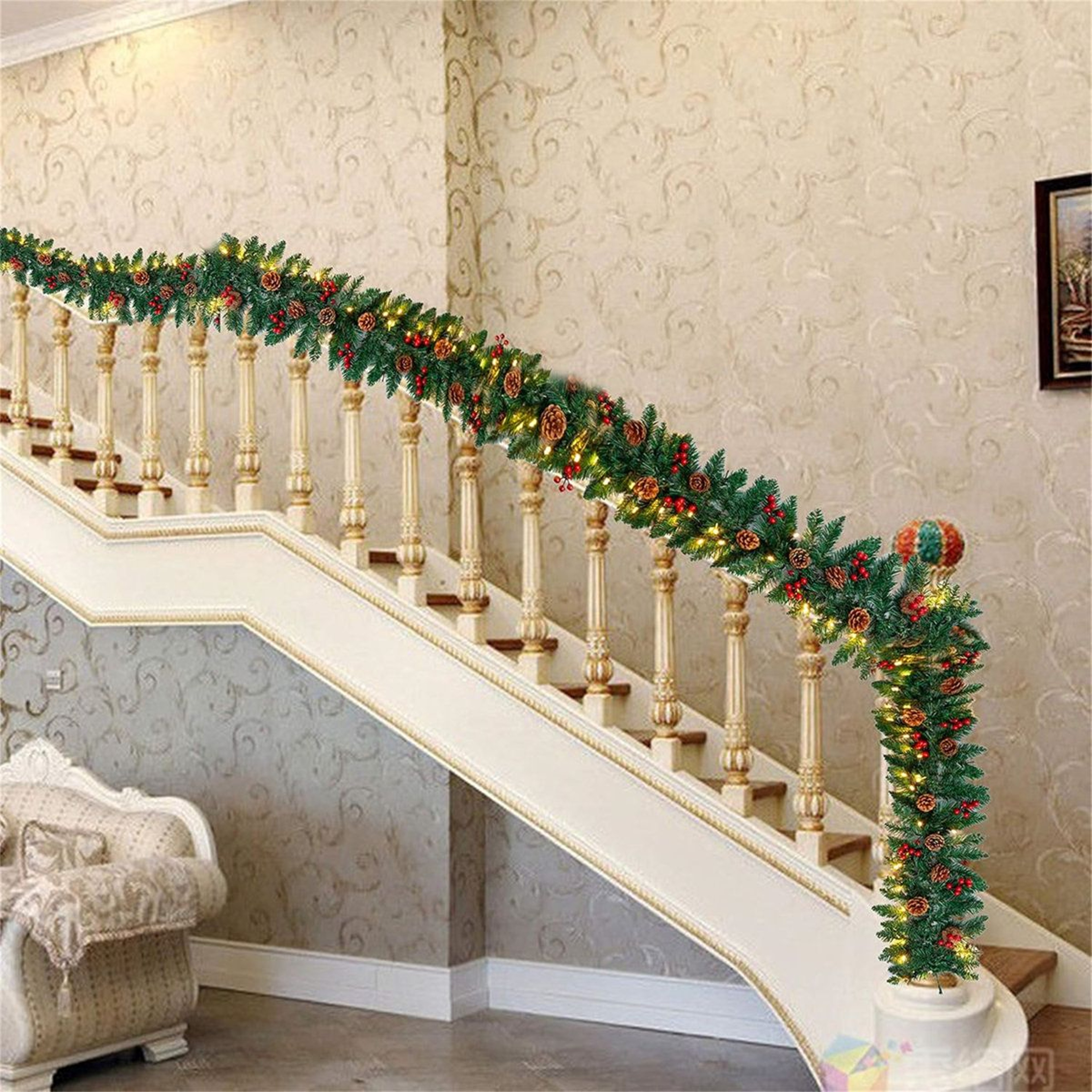 9 Ft PreLit Artificial Christmas Garland With 100 LED Lights Pine Cones And Red Berries 0
