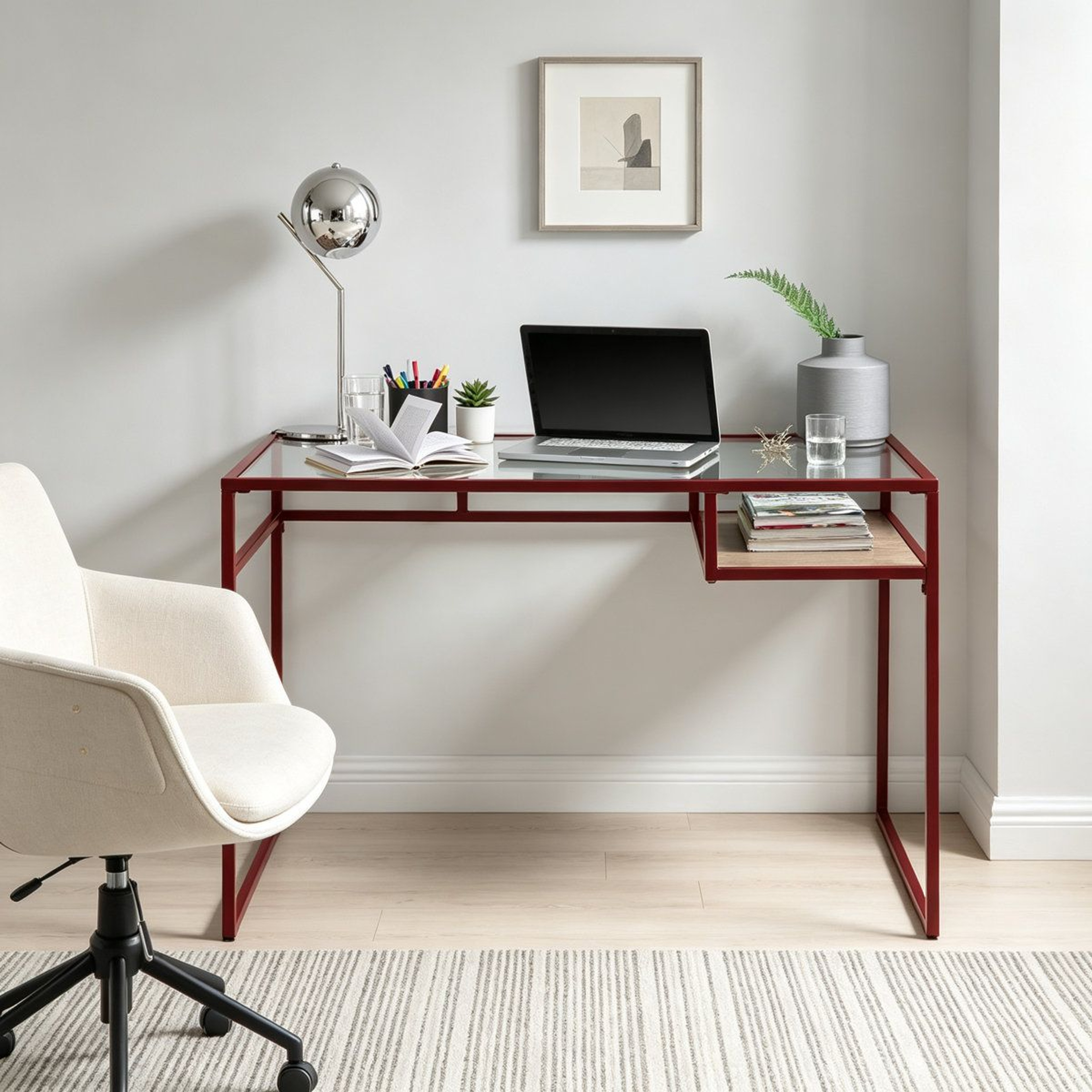 Modern Glass Top Writing Desk With Red Storage Shelf And Metal Sled Base 6
