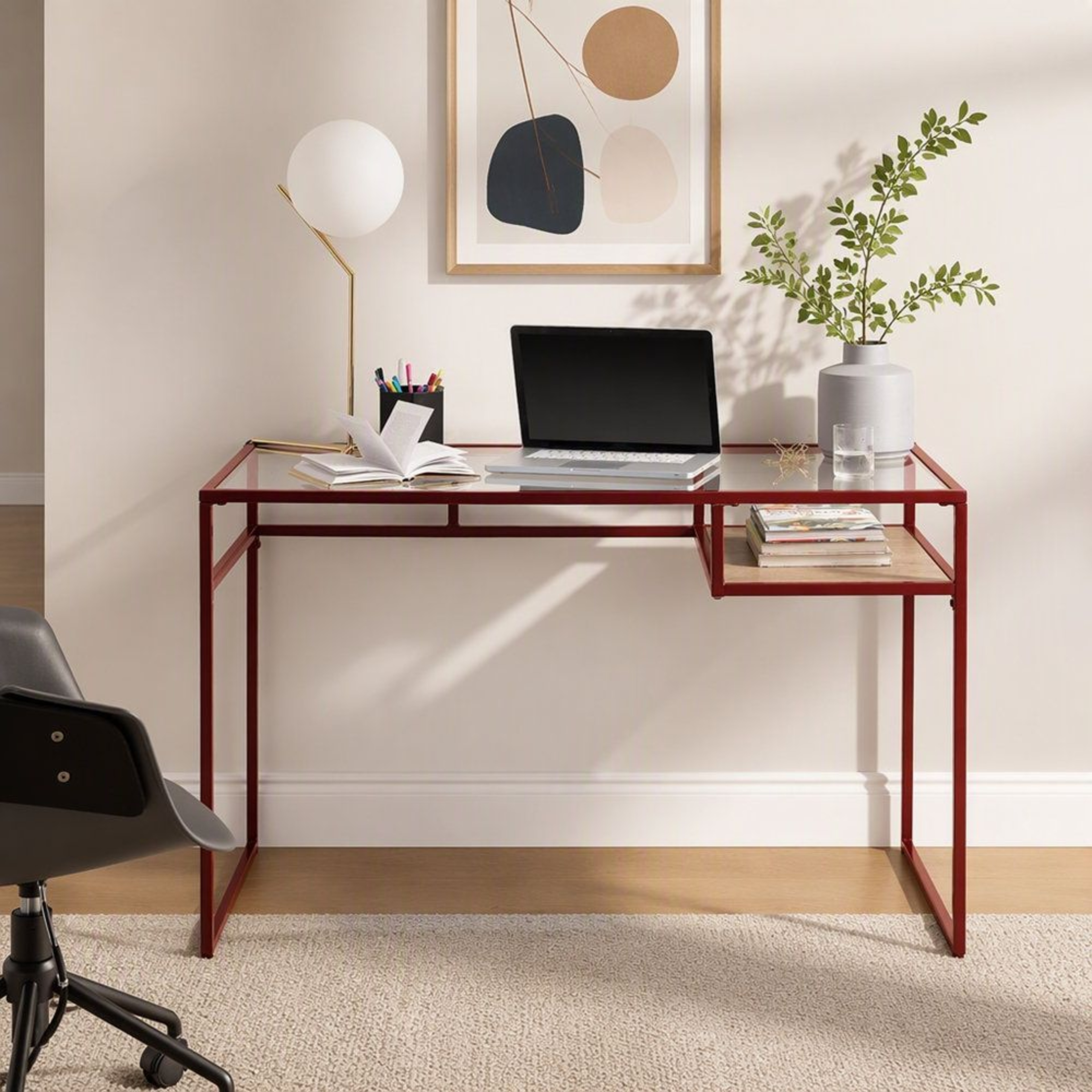 Modern Glass Top Writing Desk With Red Storage Shelf And Metal Sled Base 0