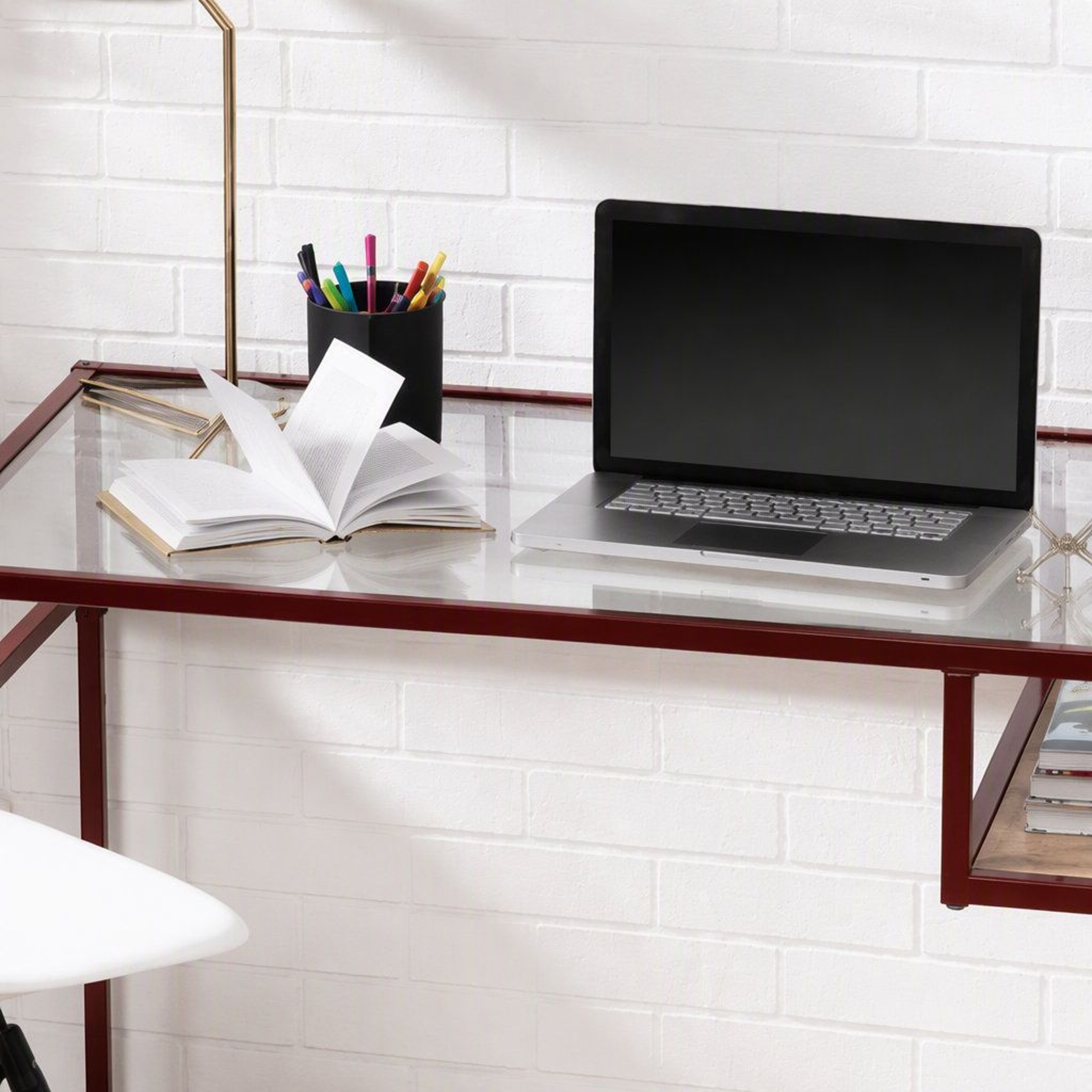 Modern Glass Top Writing Desk With Red Storage Shelf And Metal Sled Base 3