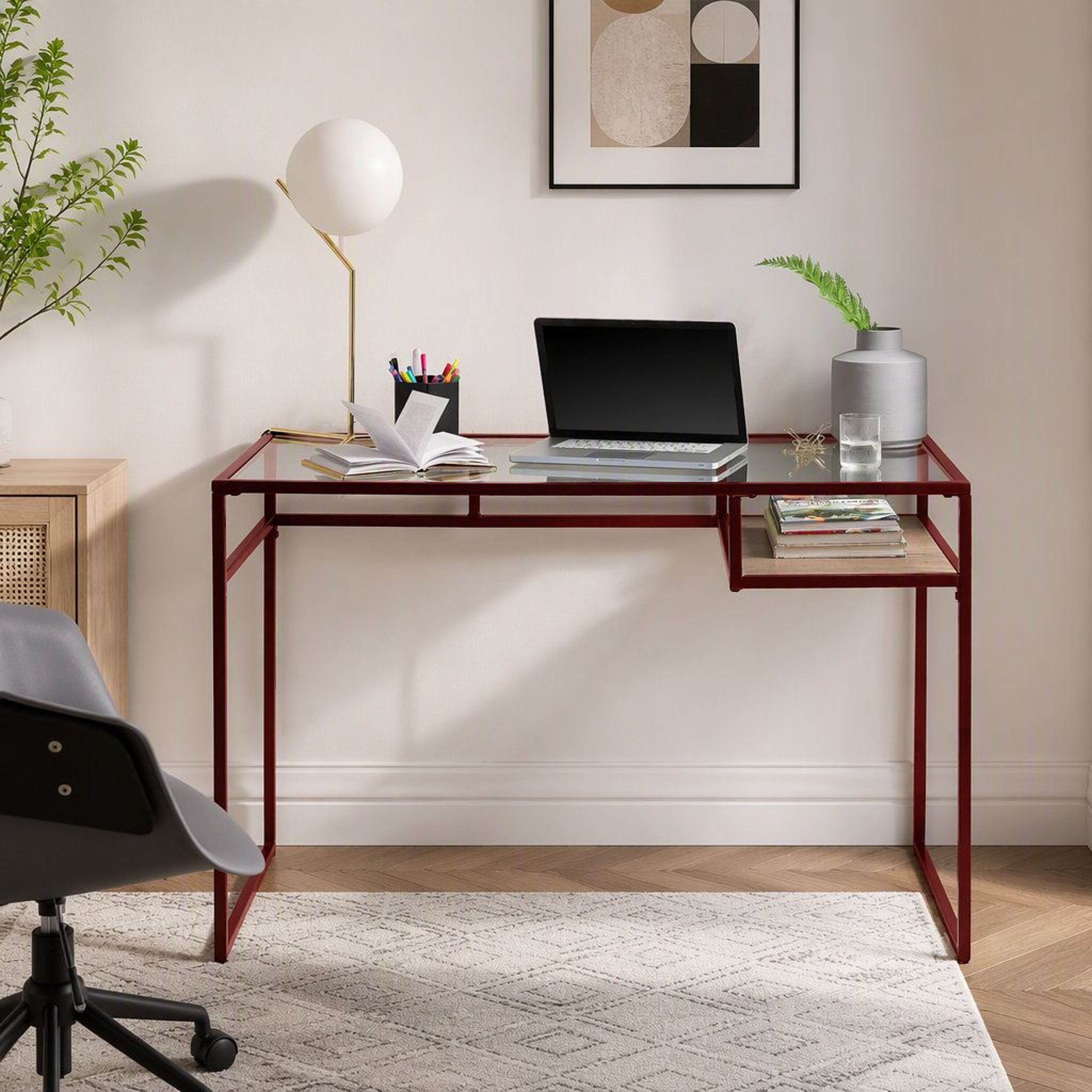 Modern Glass Top Writing Desk With Red Storage Shelf And Metal Sled Base 1