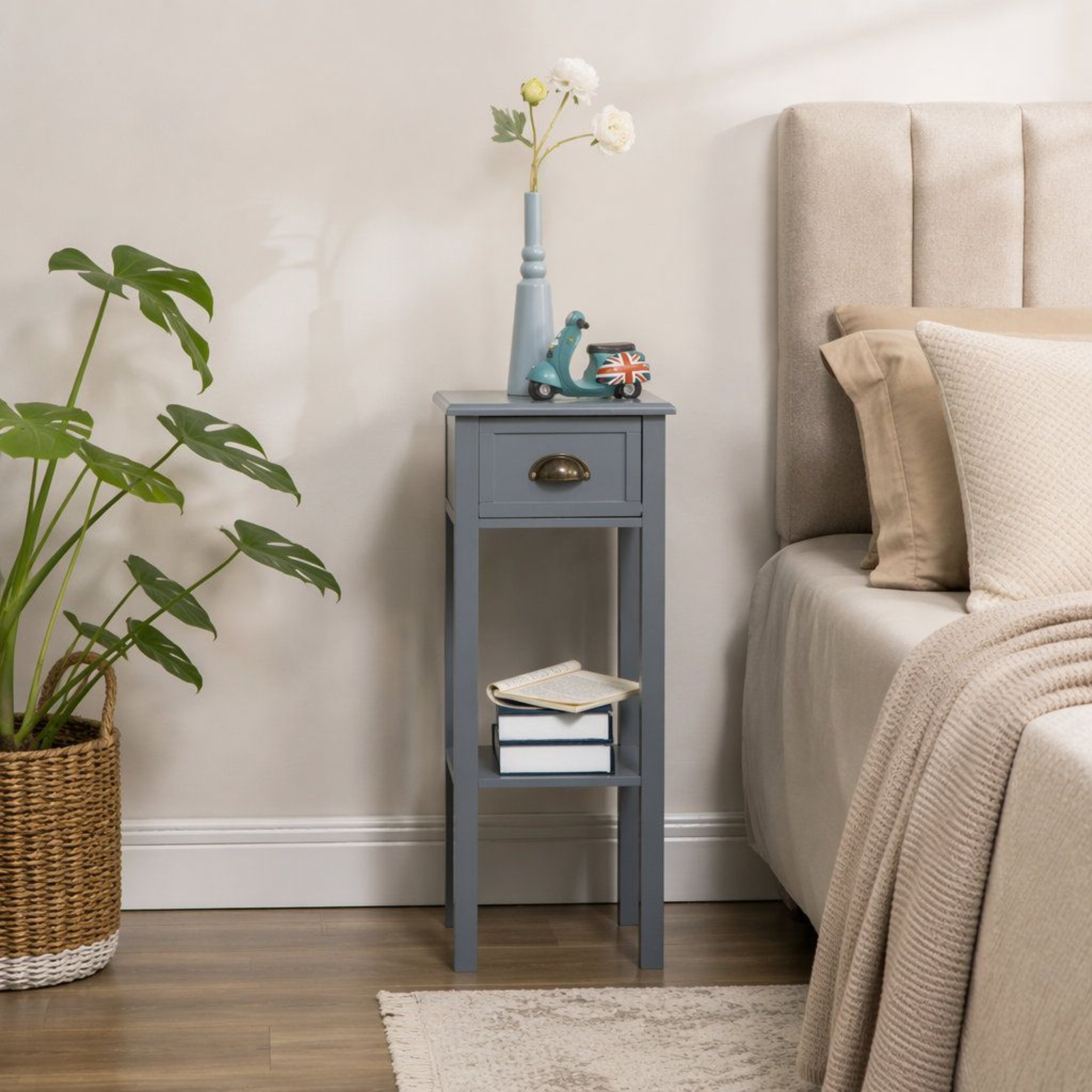 Modern Grey Wood End Table With Storage Drawer And Lower Shelf 0