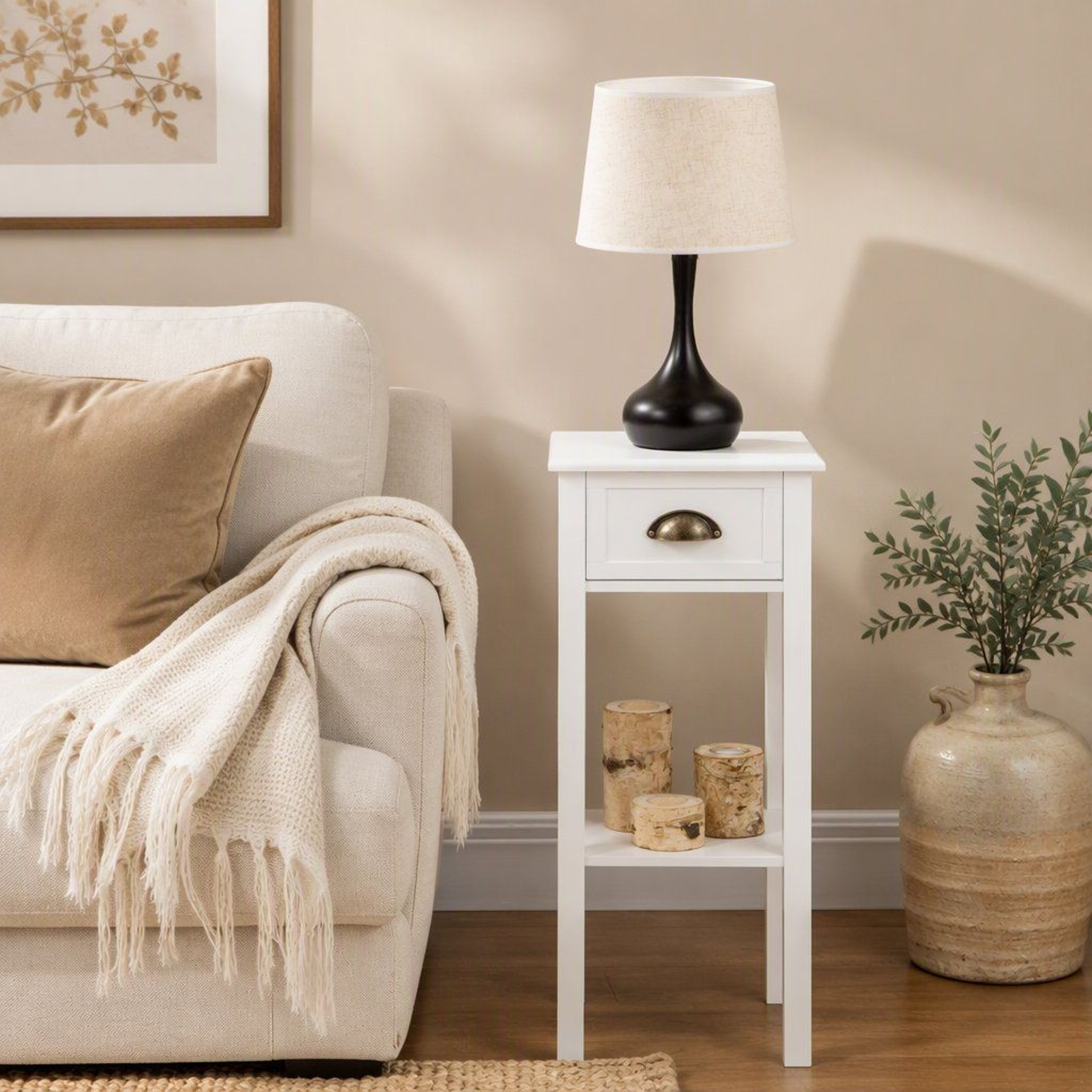 Tall White End Table With Drawer And Shelves For Living Room Or Bedroom 0