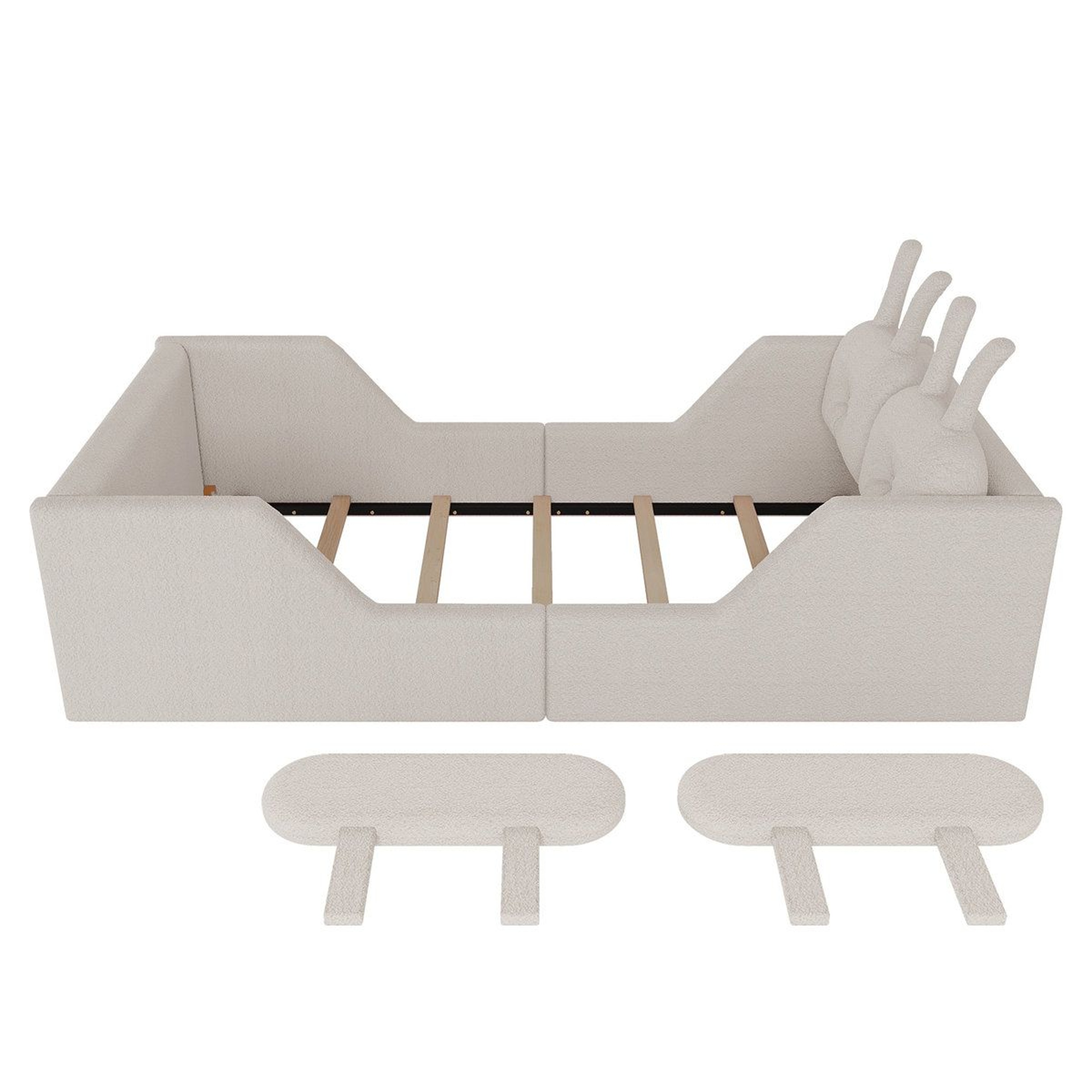 Twin Size Upholstered Kids Floor Bed With Rabbit Cushions And Removable Side Rails 12