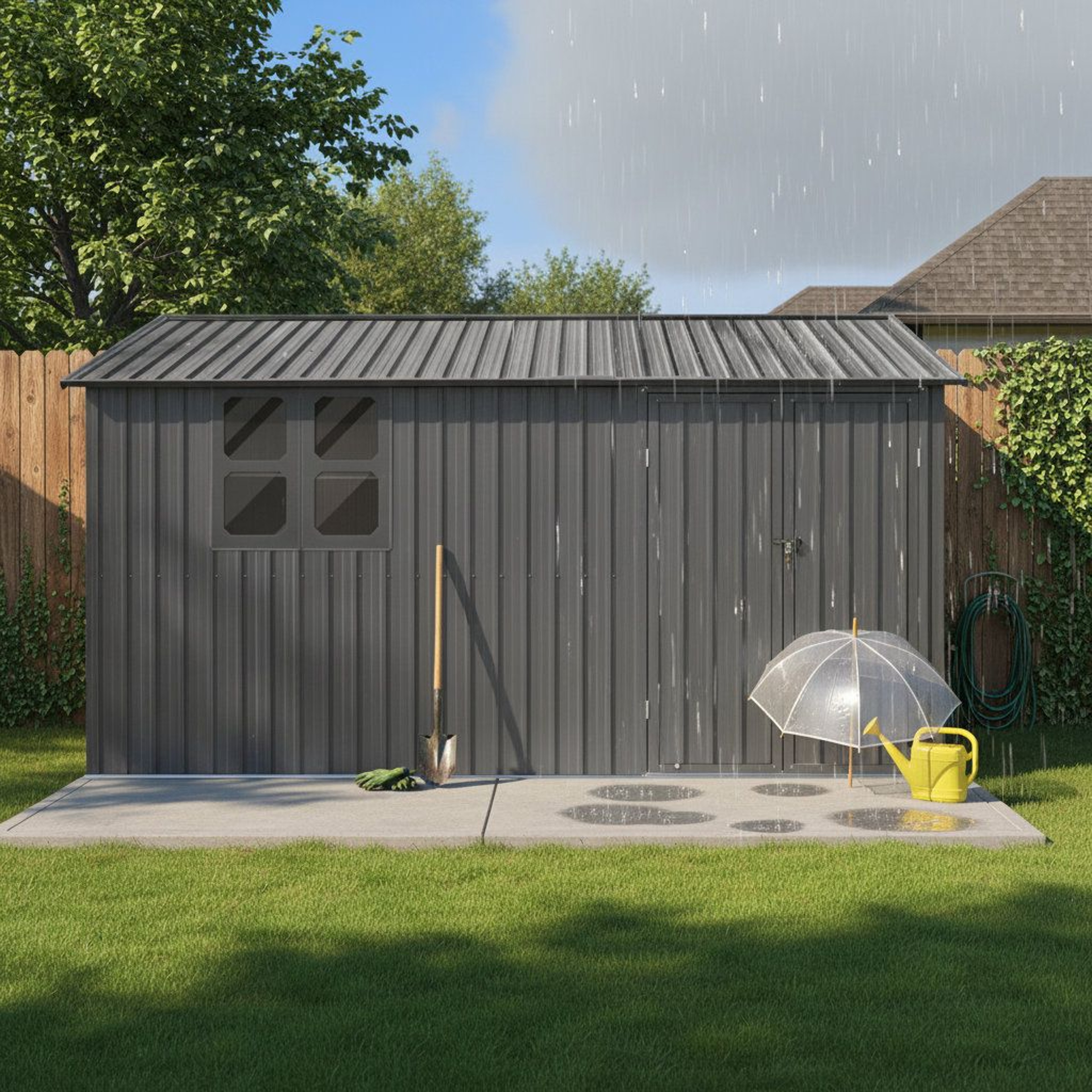 Metal Outdoor Storage Shed With Shelves Window And Foldable Worktable  Gray 8