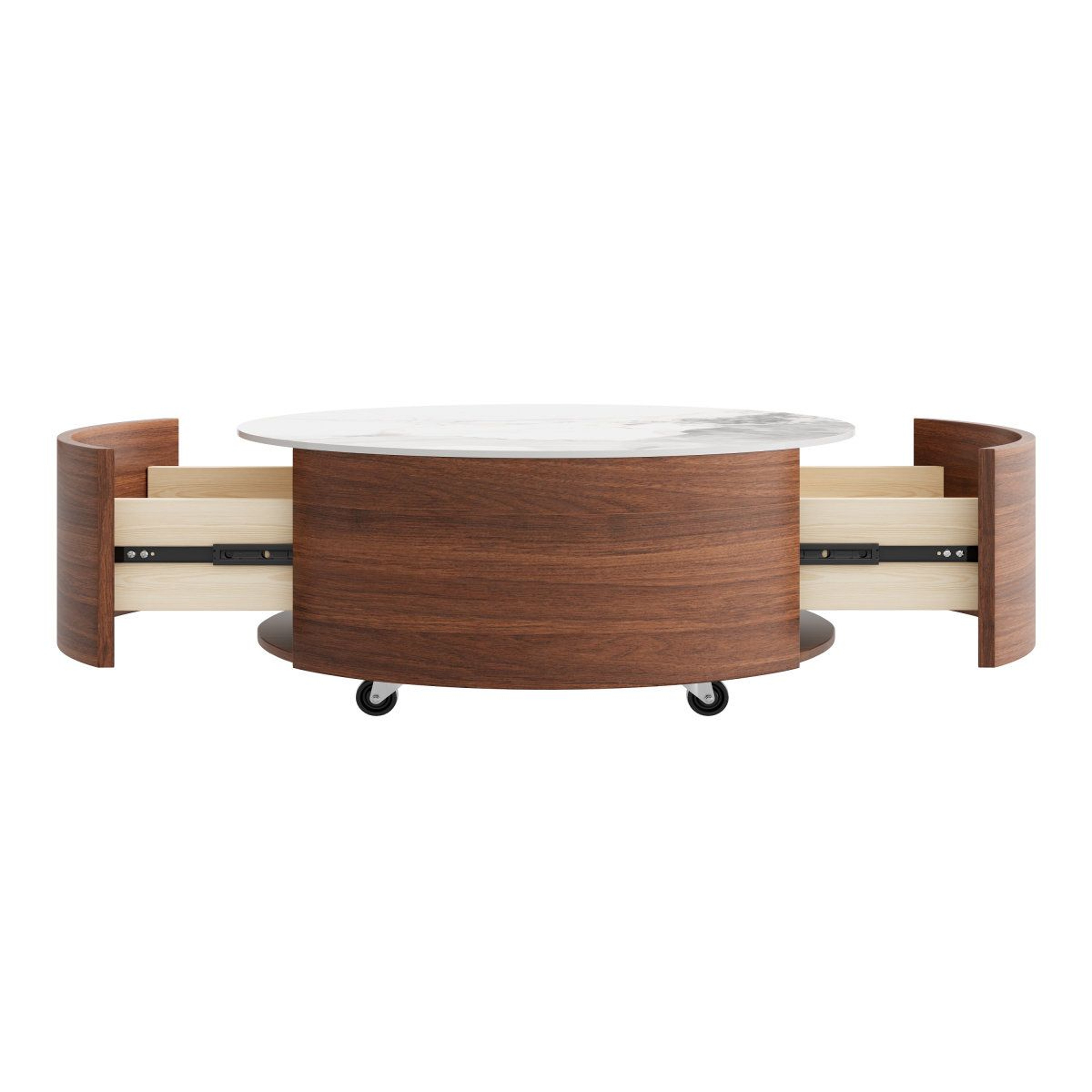 Modern Round Coffee Table With 2 Storage Drawers And Casters  295 Inch Walnut Finish 5