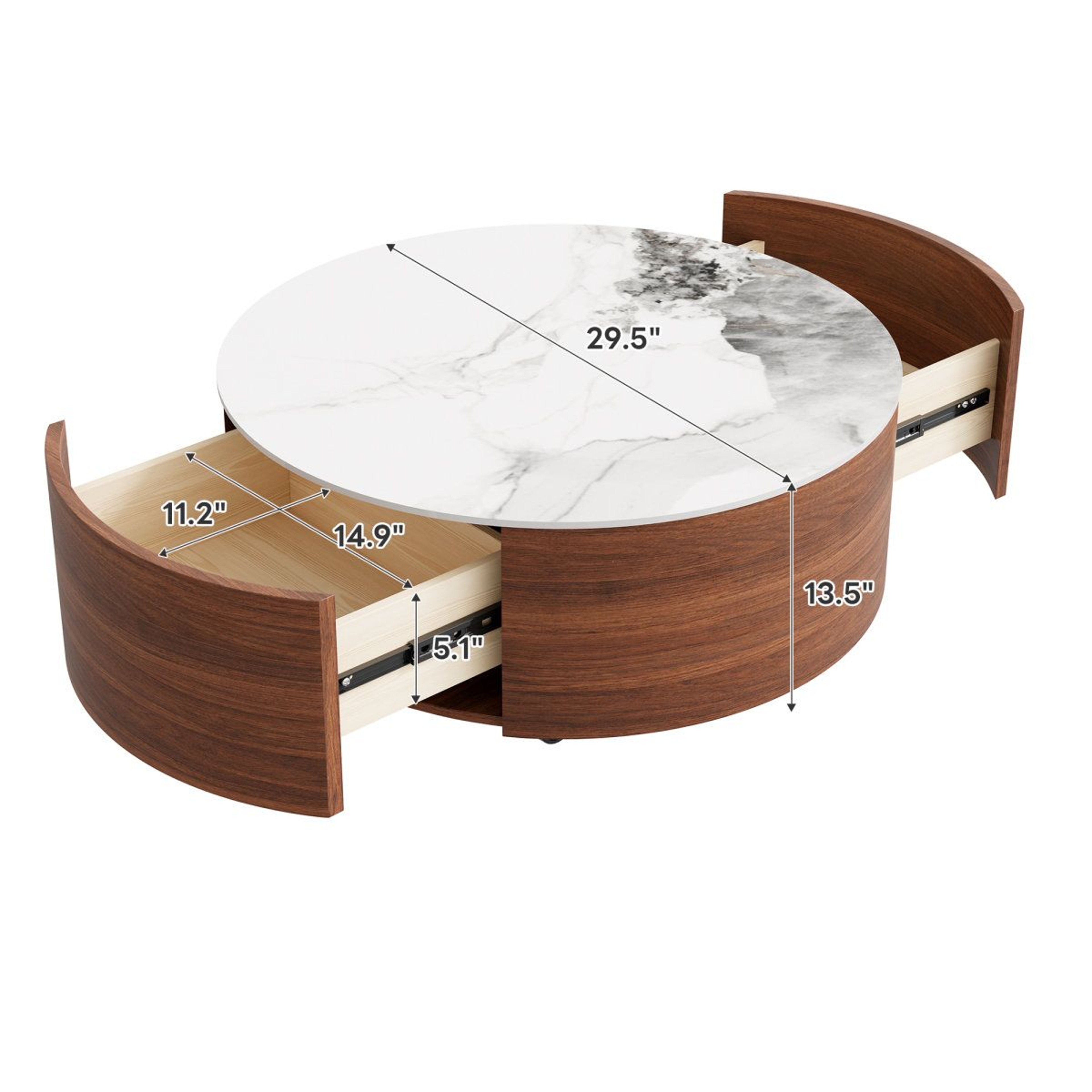 Modern Round Coffee Table With 2 Storage Drawers And Casters  295 Inch Walnut Finish 2