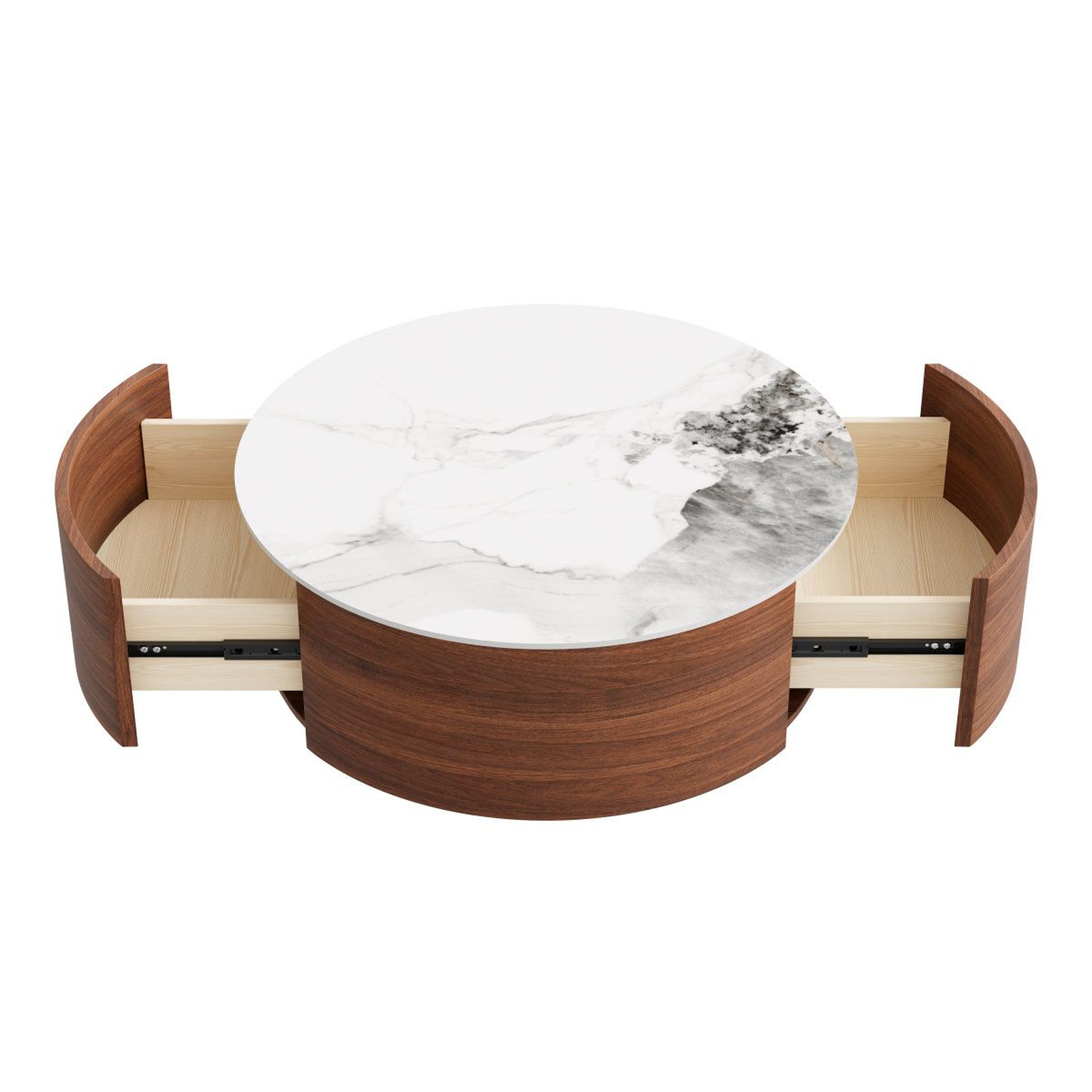 Modern Round Coffee Table With 2 Storage Drawers And Casters  295 Inch Walnut Finish 0