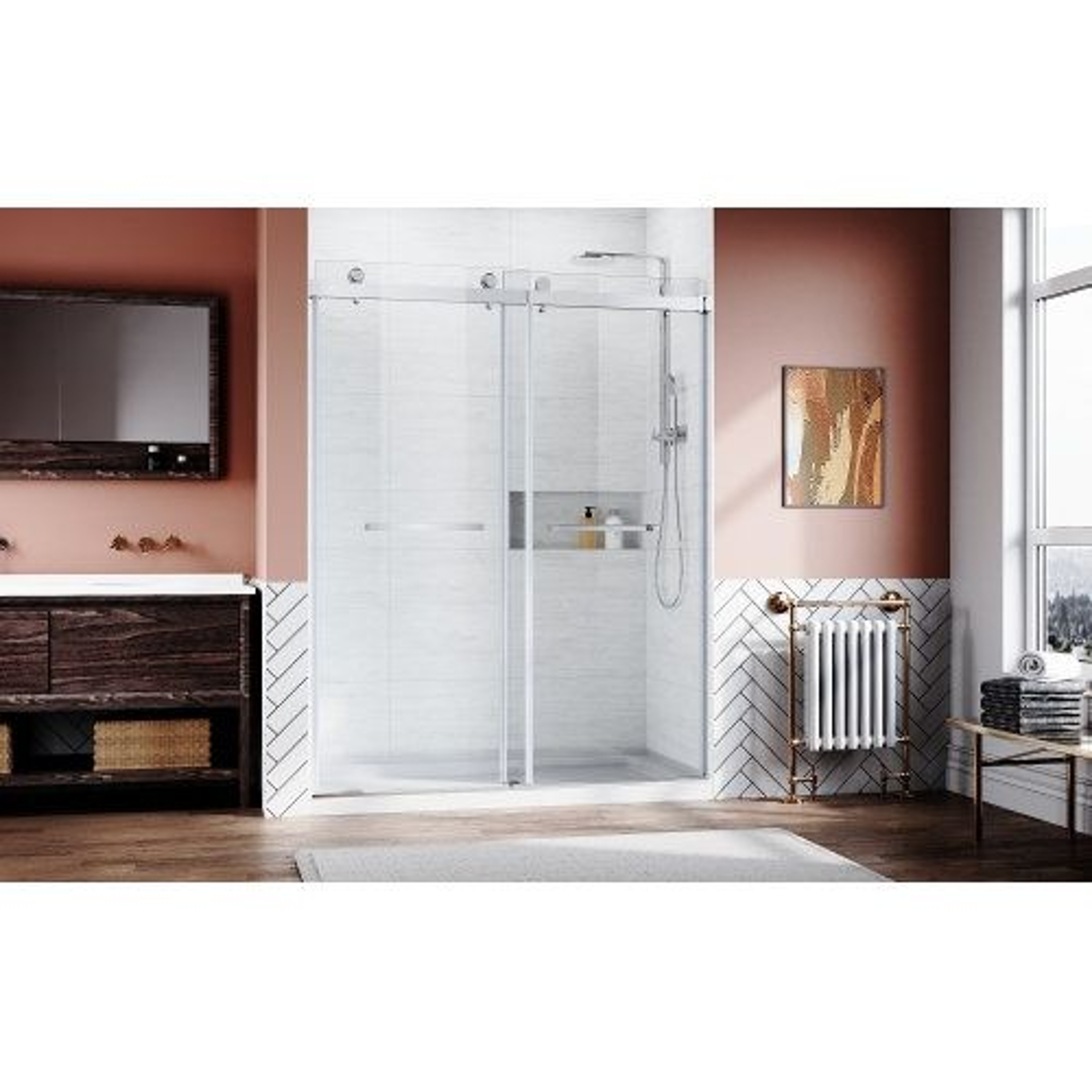 Frameless Sliding Shower Door 5660 Inch Brushed Nickel Clear Tempered Glass 2
