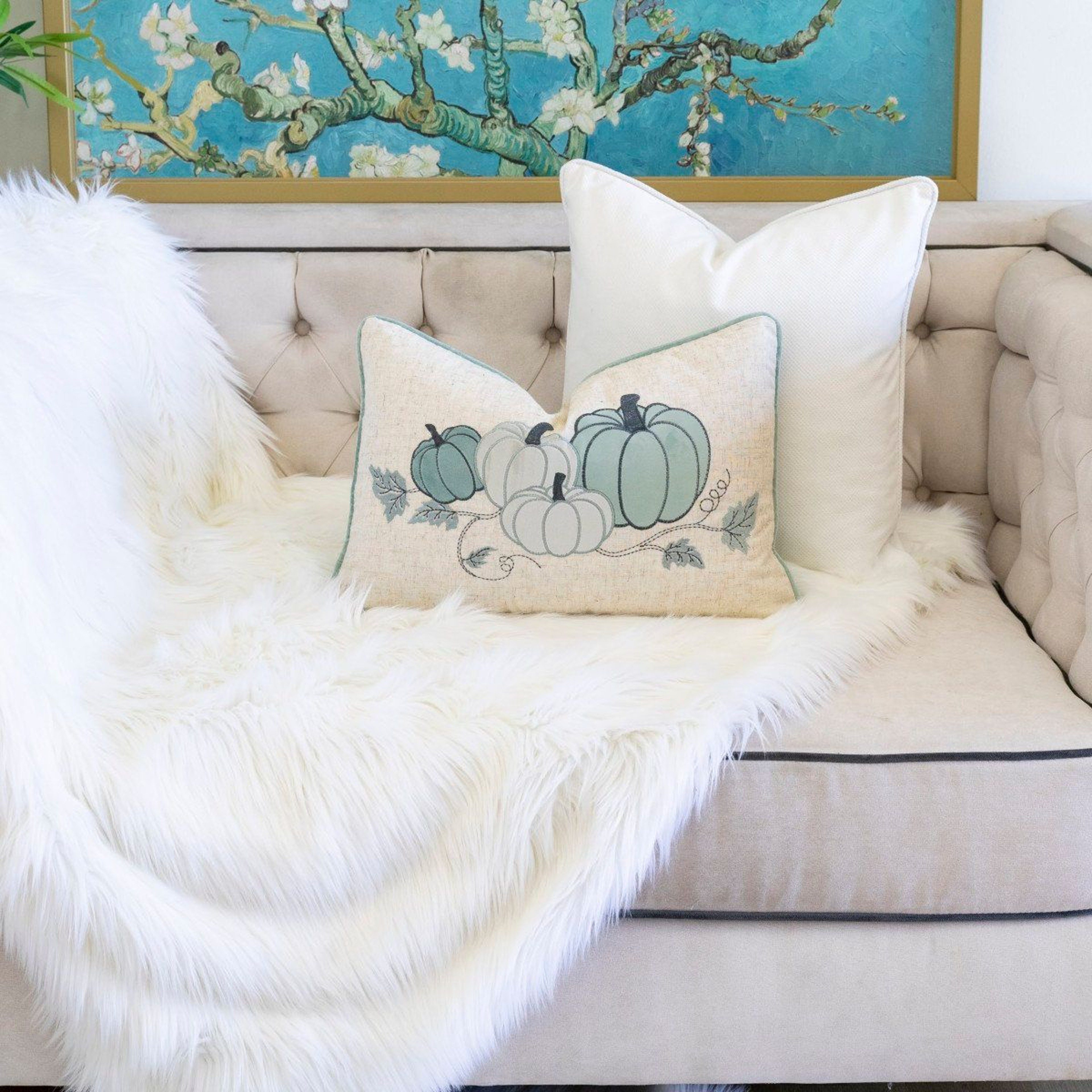 Embroidered Pumpkin Lumbar Throw Pillow  Light Blue Fall Accent Cushion 2